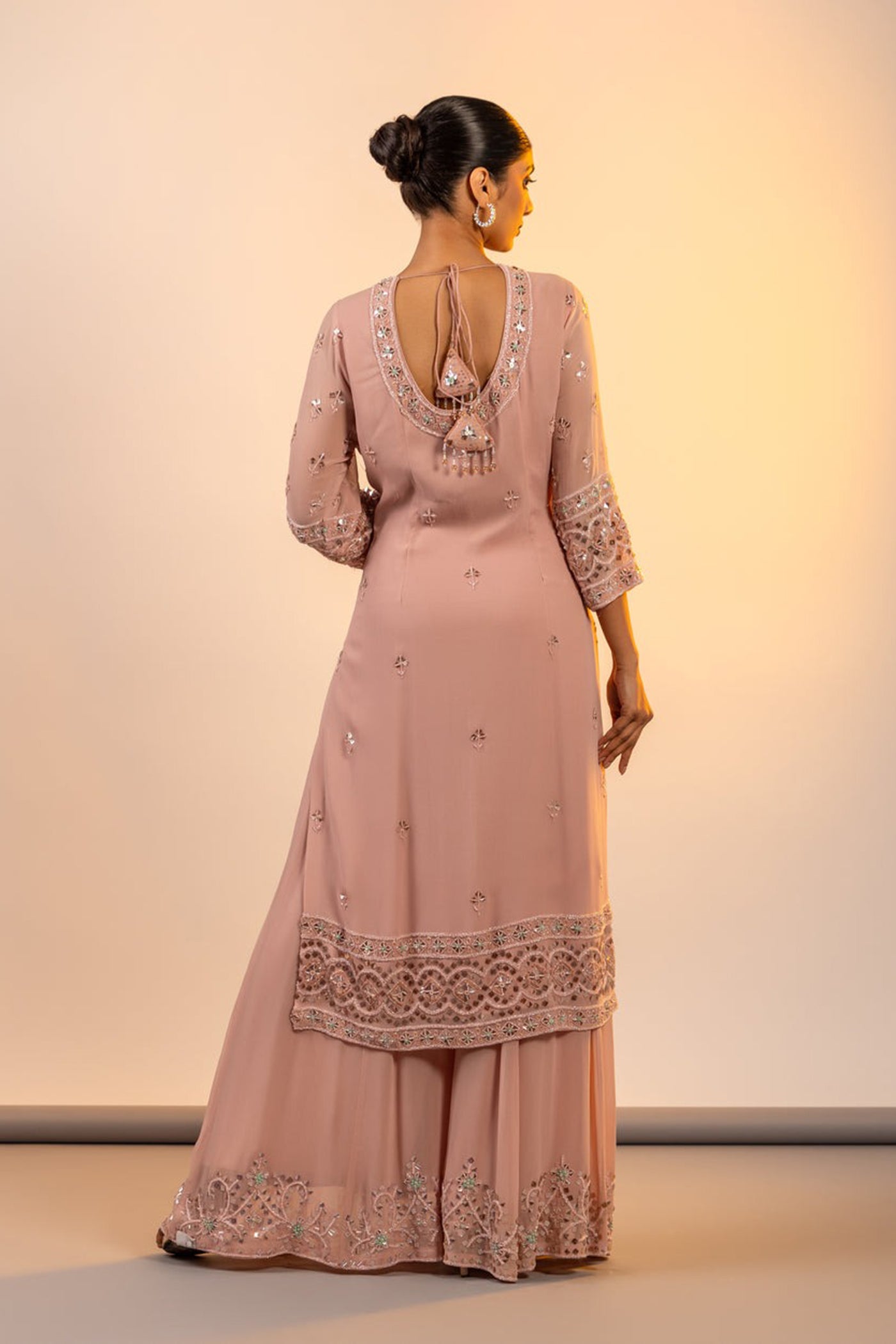 Pink crystal straight suit with sharara and dupatta