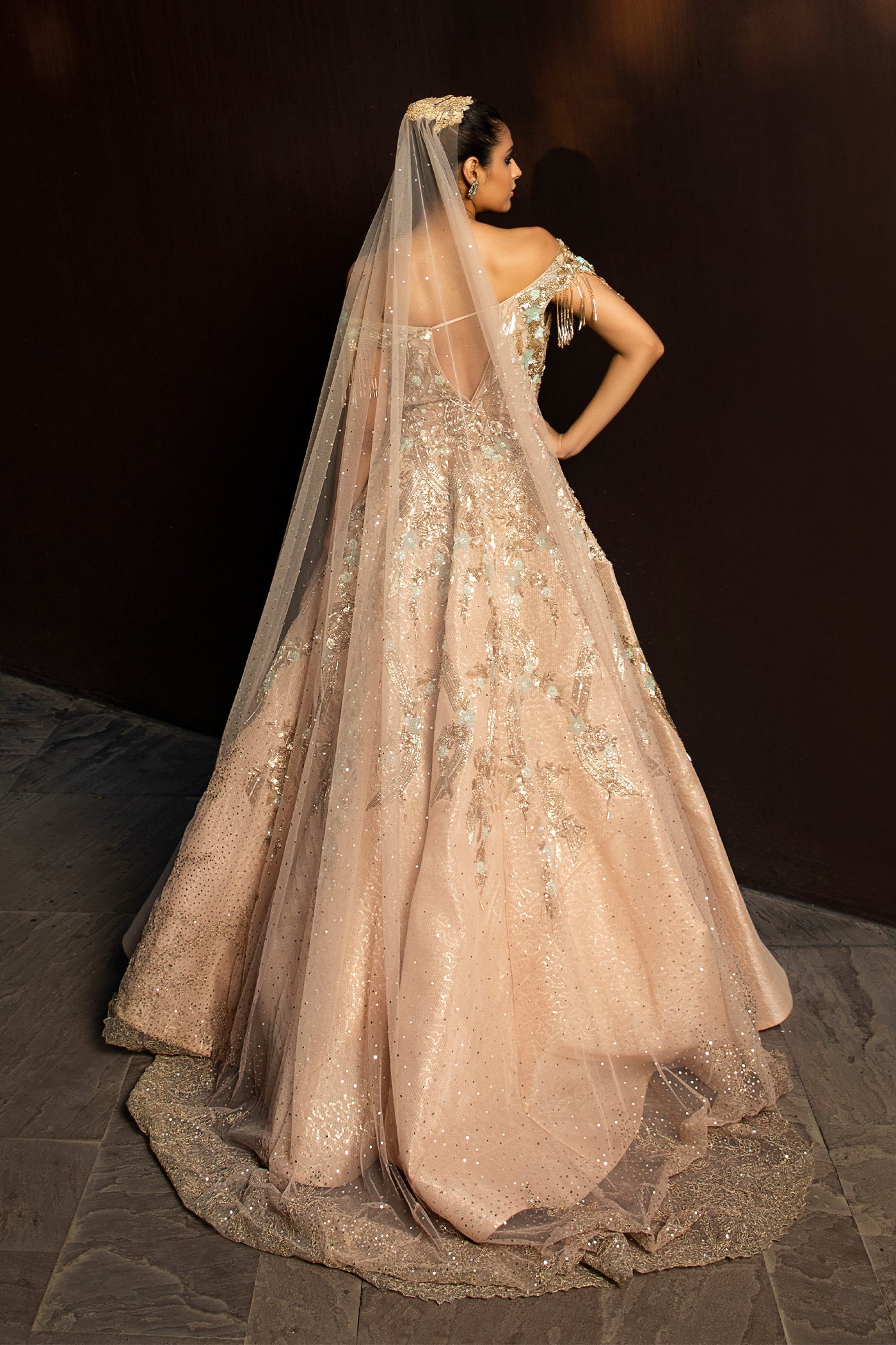 Gold Organza Gown With Trail