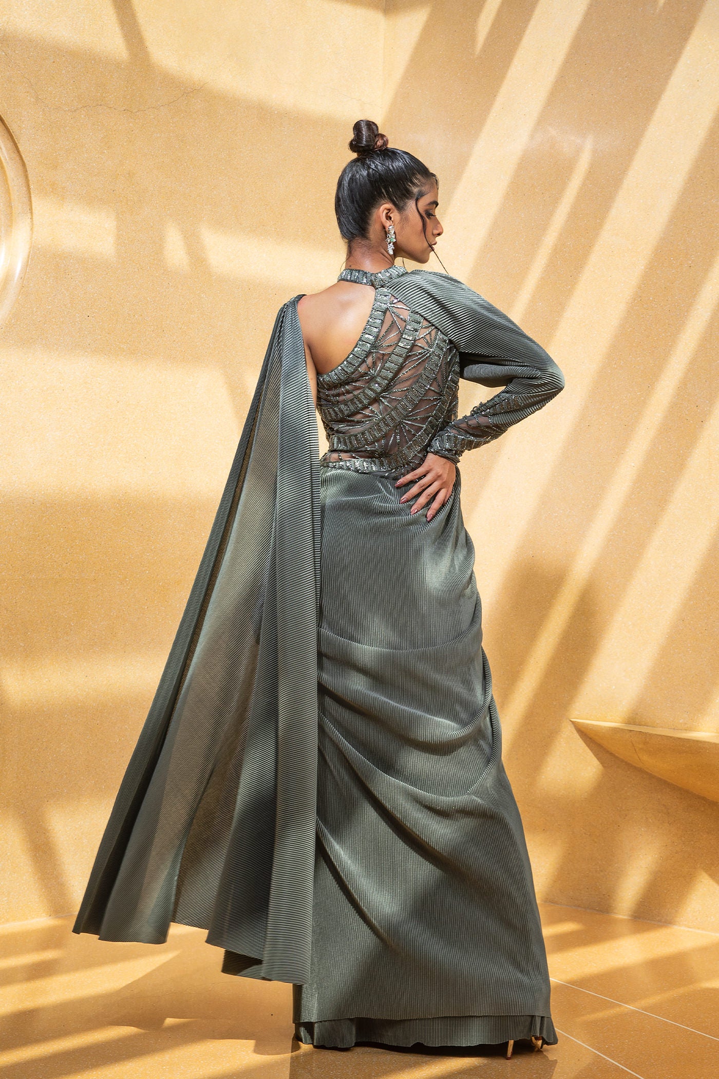 Mouse Grey Draped Saree With One Shoulder Blouse