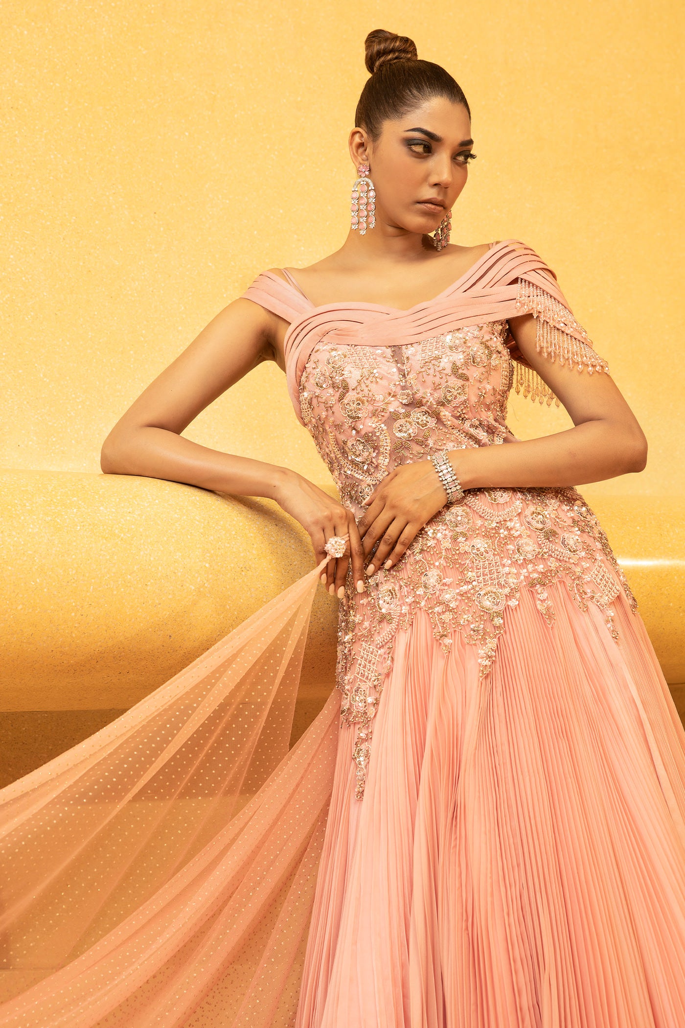 Pink Organza Gown With Bonning On Shoulder
