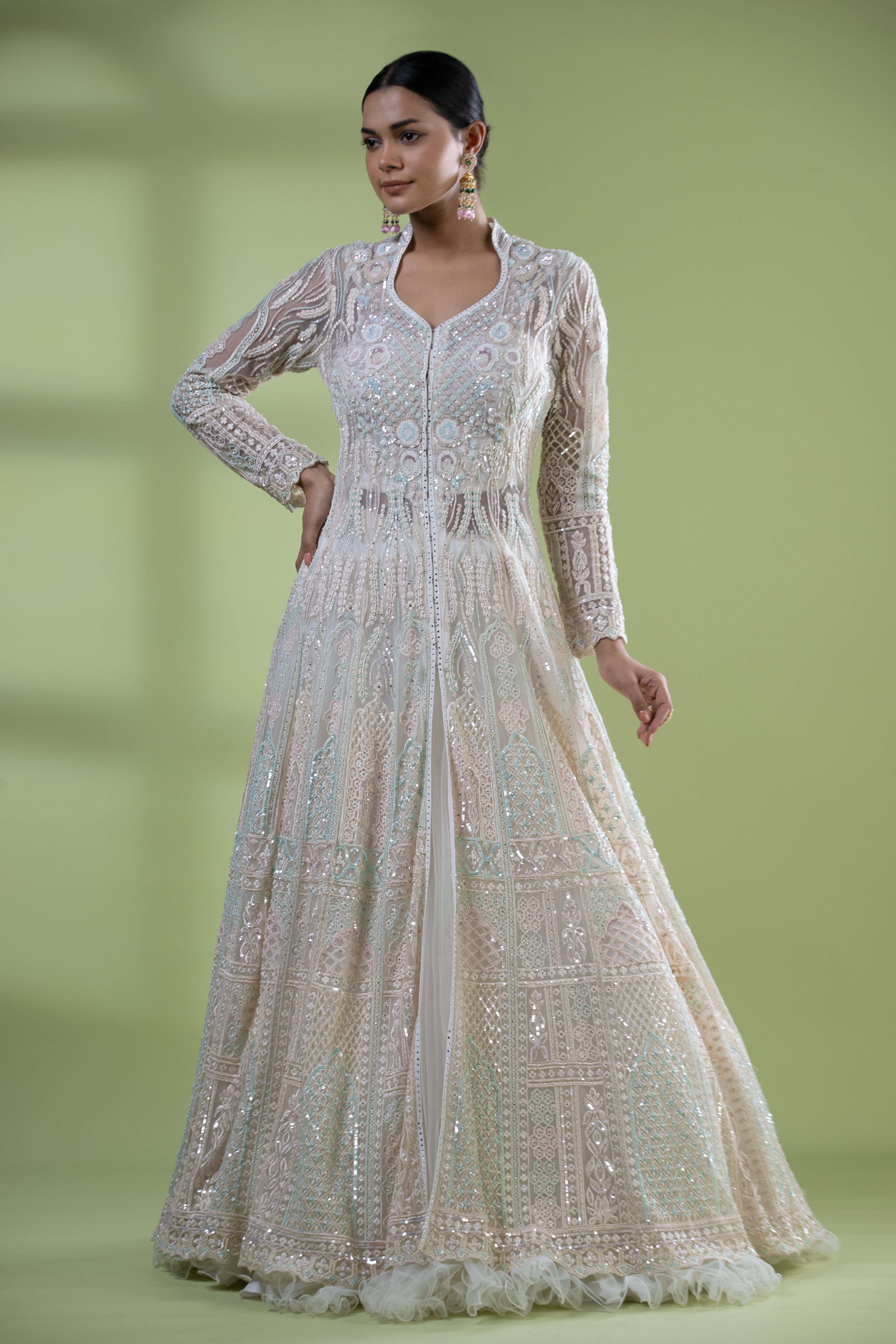 Net sequined open anarkali with dupatta