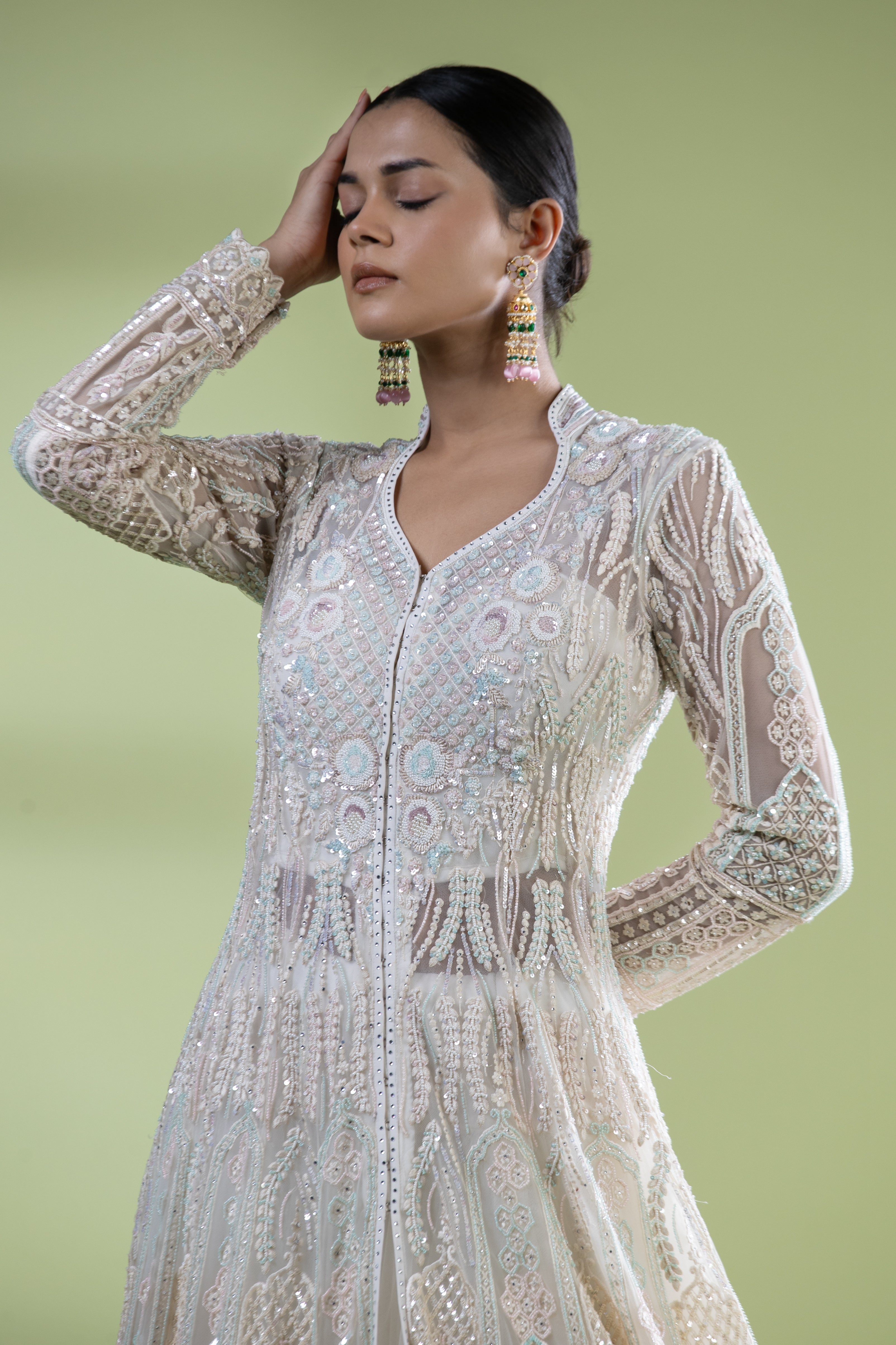 Net sequined open anarkali with dupatta
