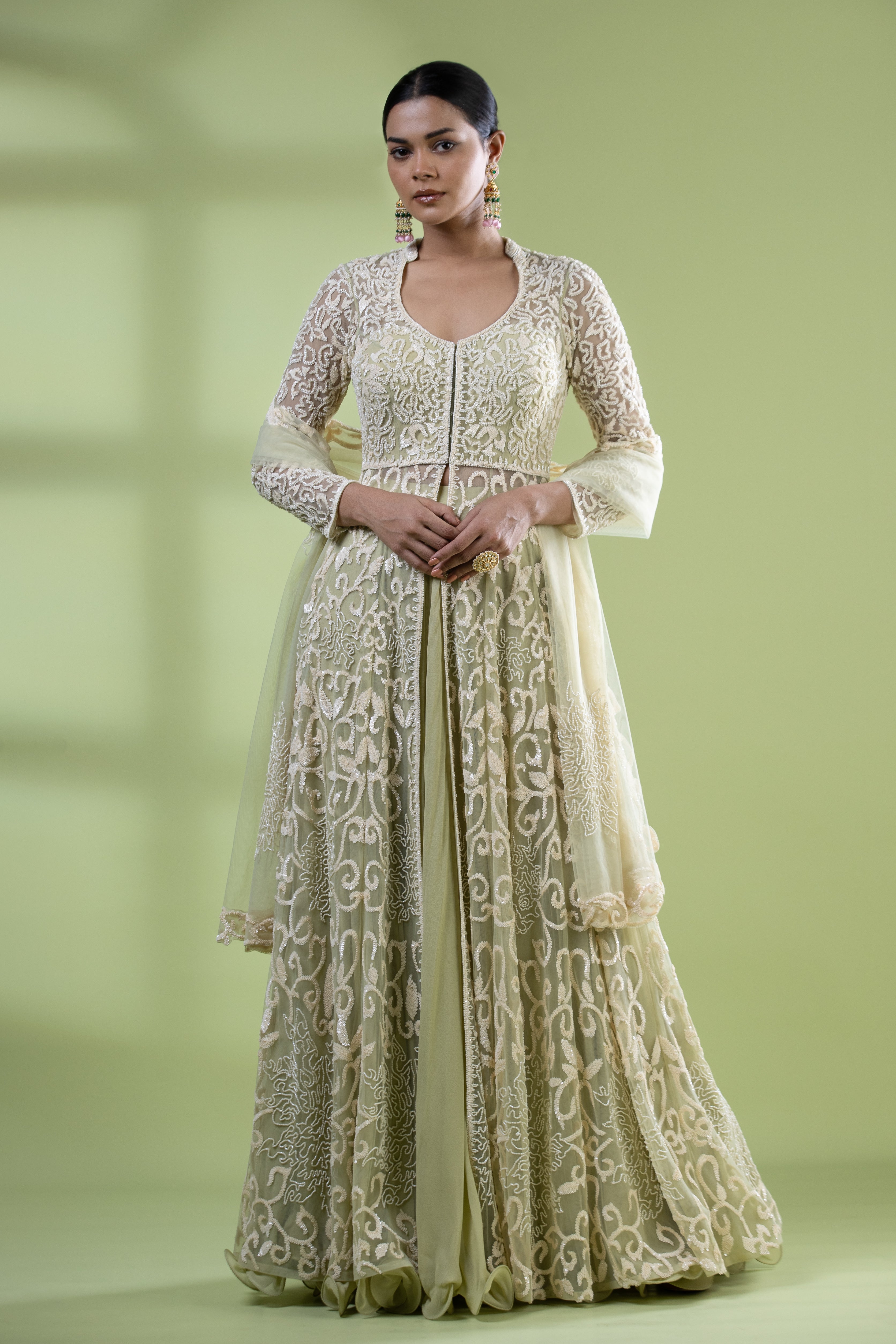 Lime green front open anarkali with skirt