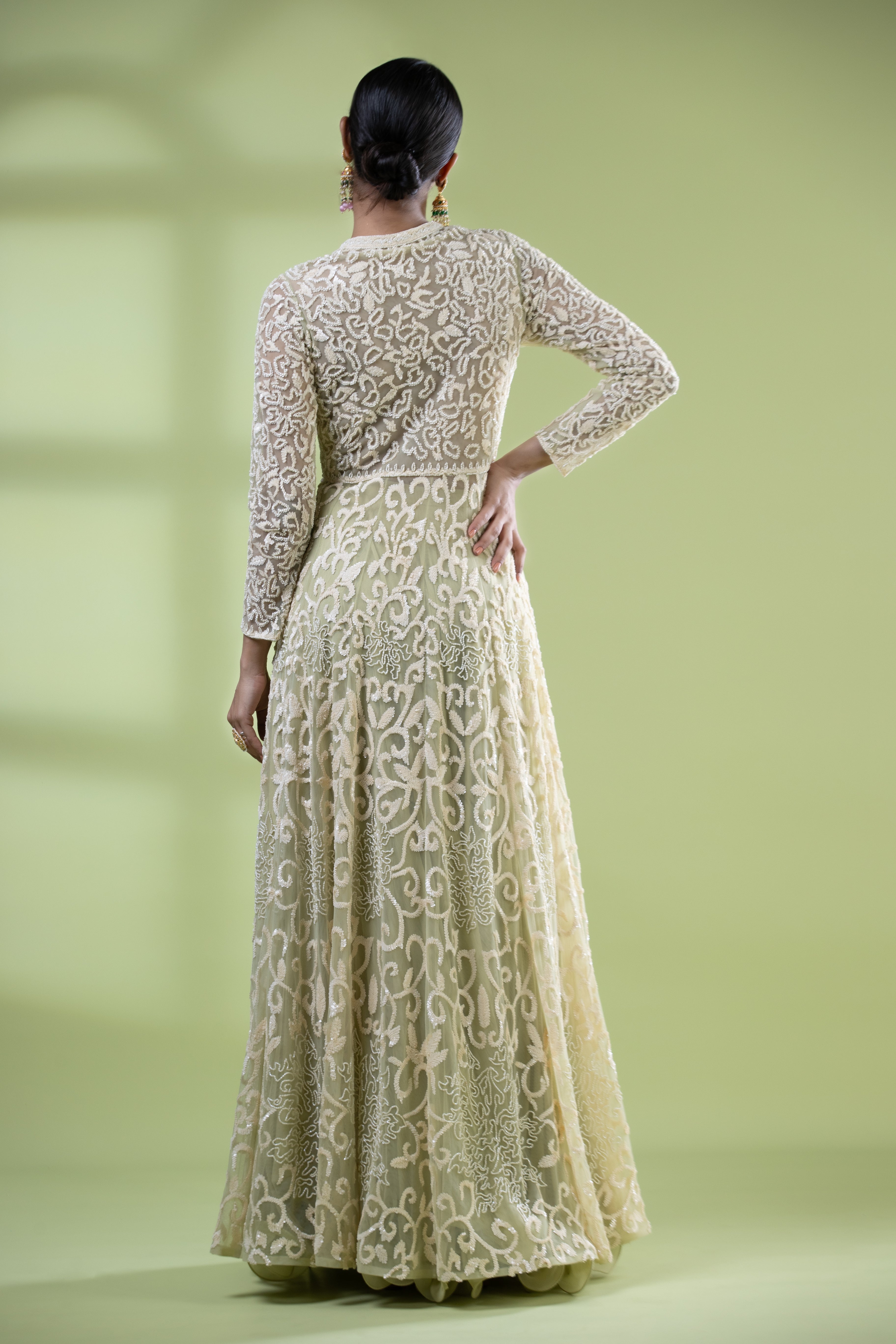 Lime green front open anarkali with skirt