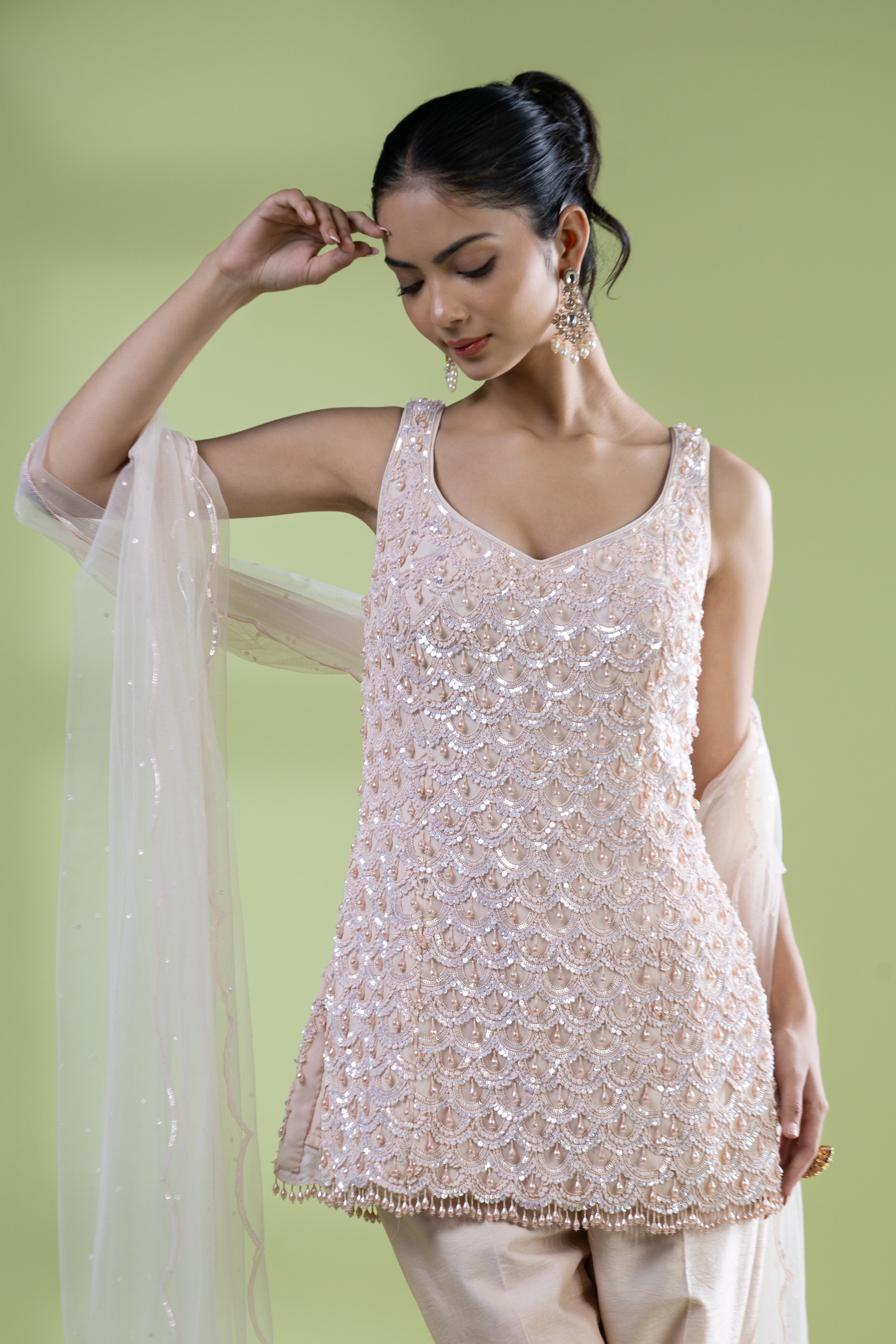 Powder Peach Short Shirt Pants with Sequins