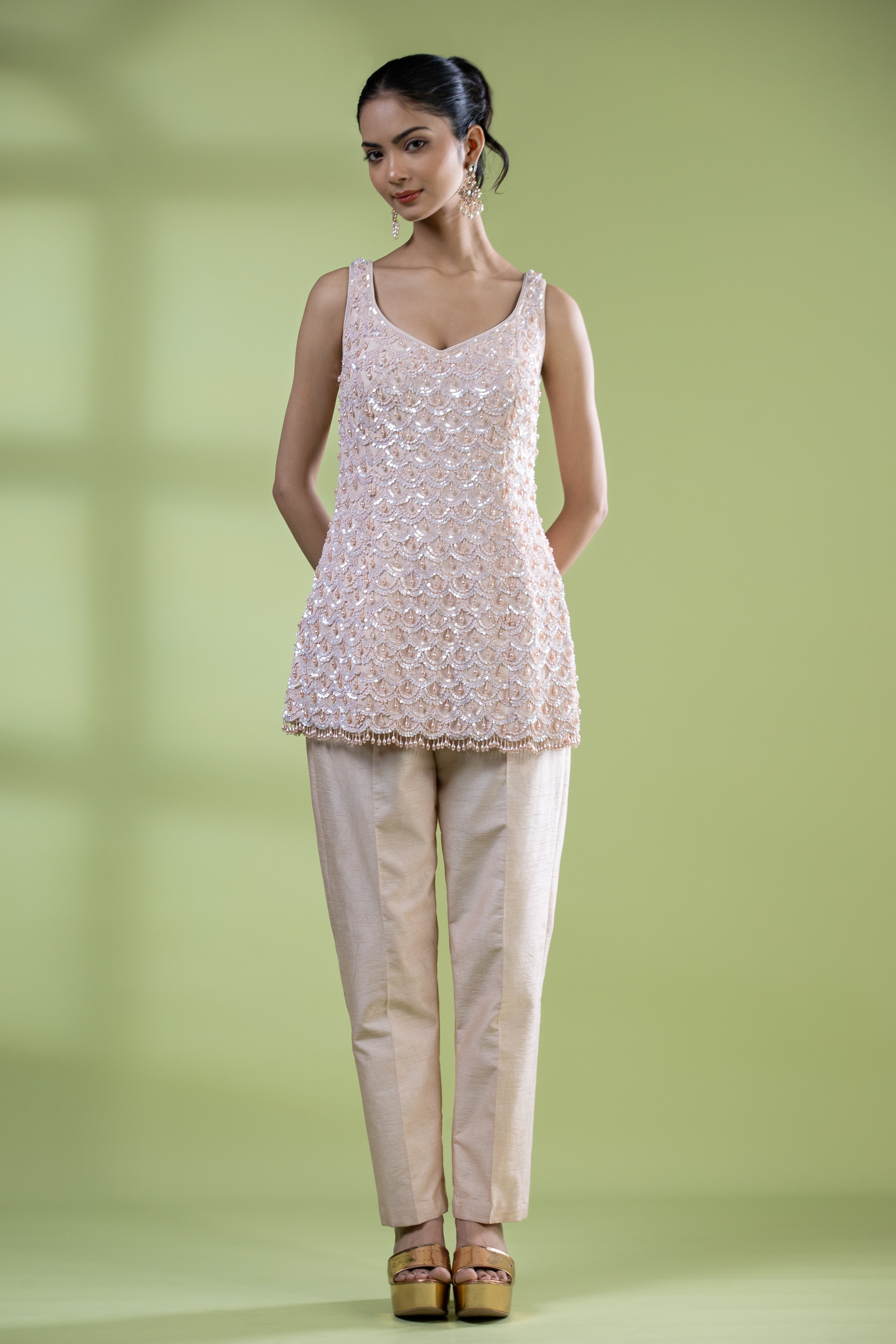 Powder Peach Short Shirt Pants with Sequins