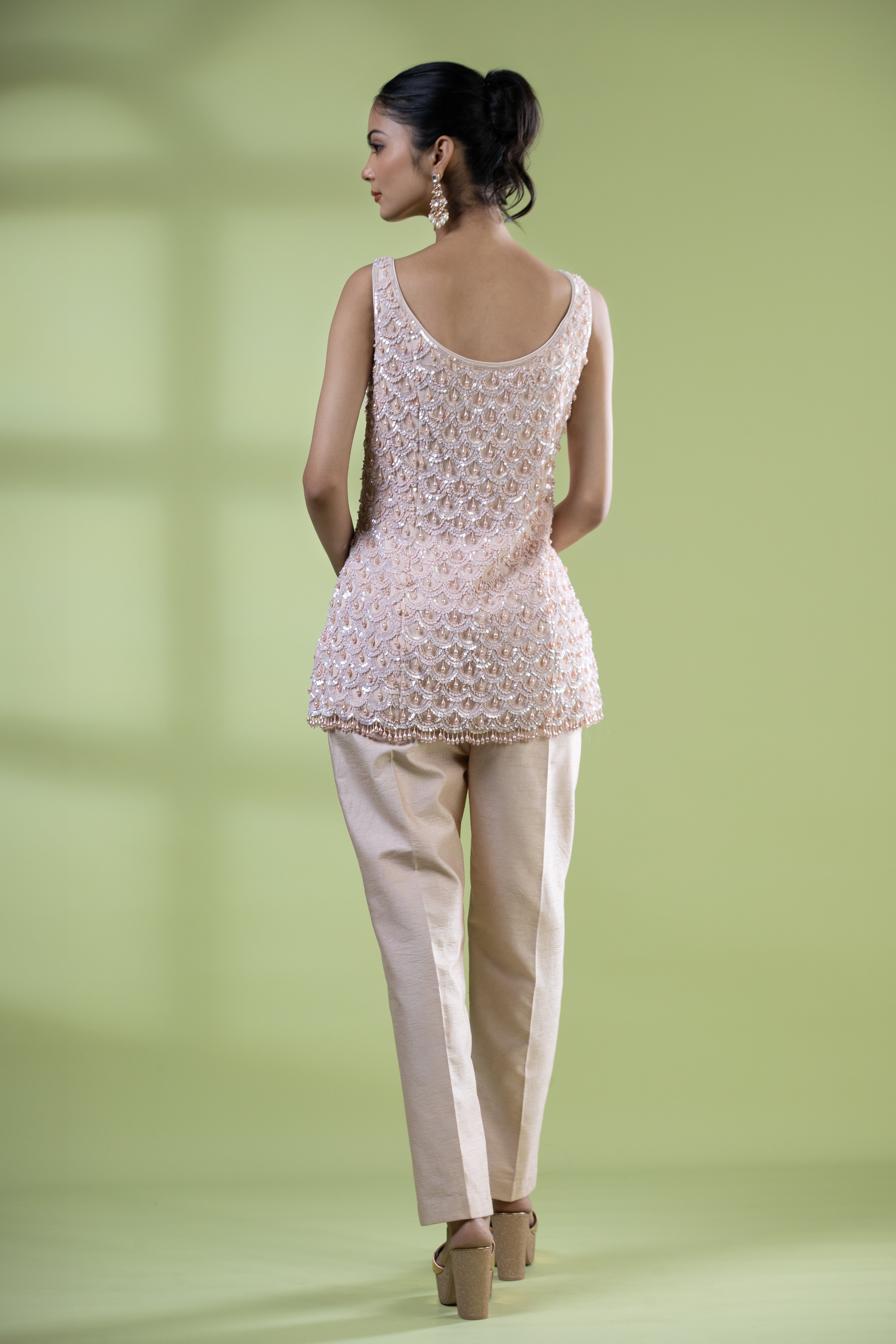 Powder Peach Short Shirt Pants with Sequins