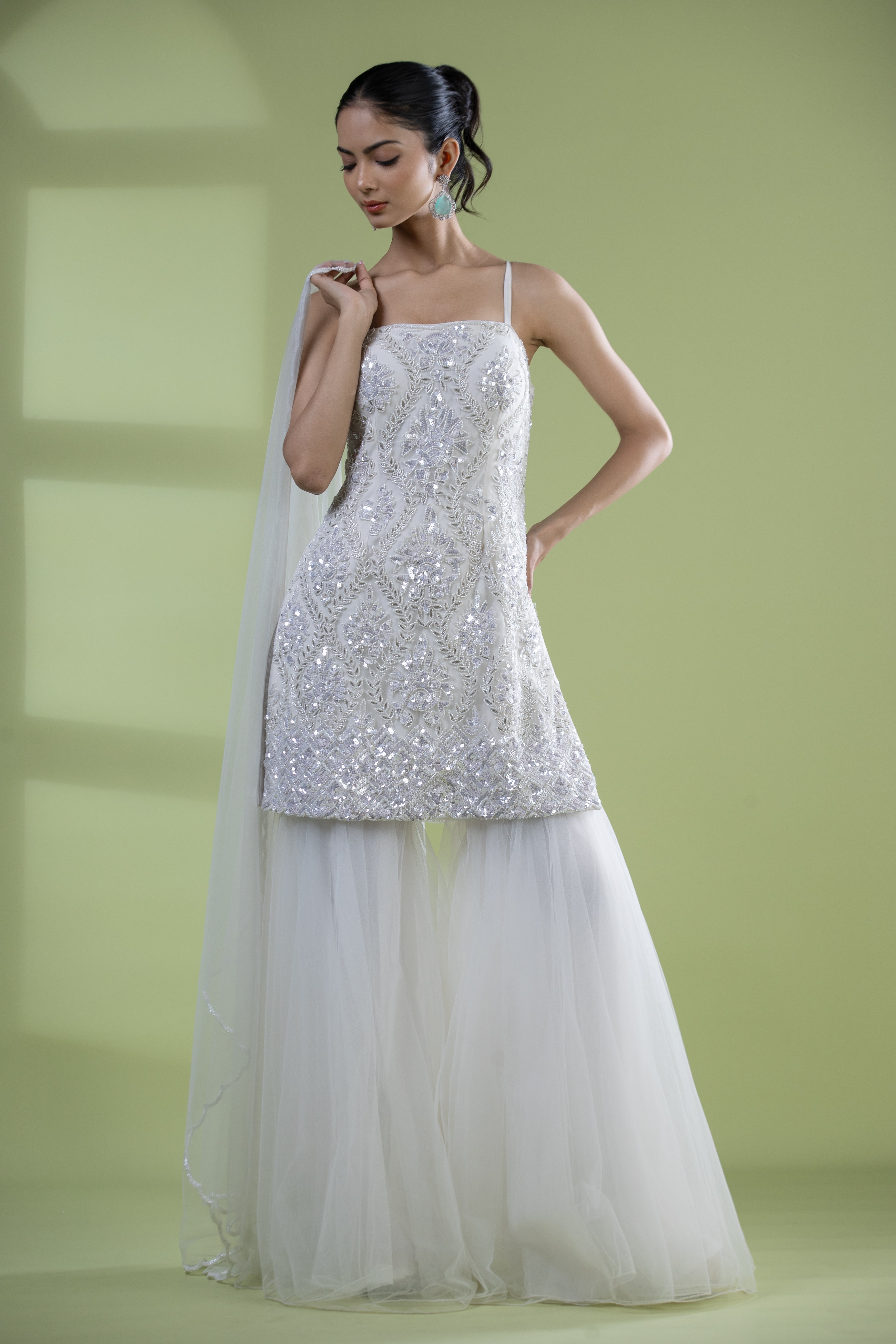 White Net Short Shirt Gharara Set