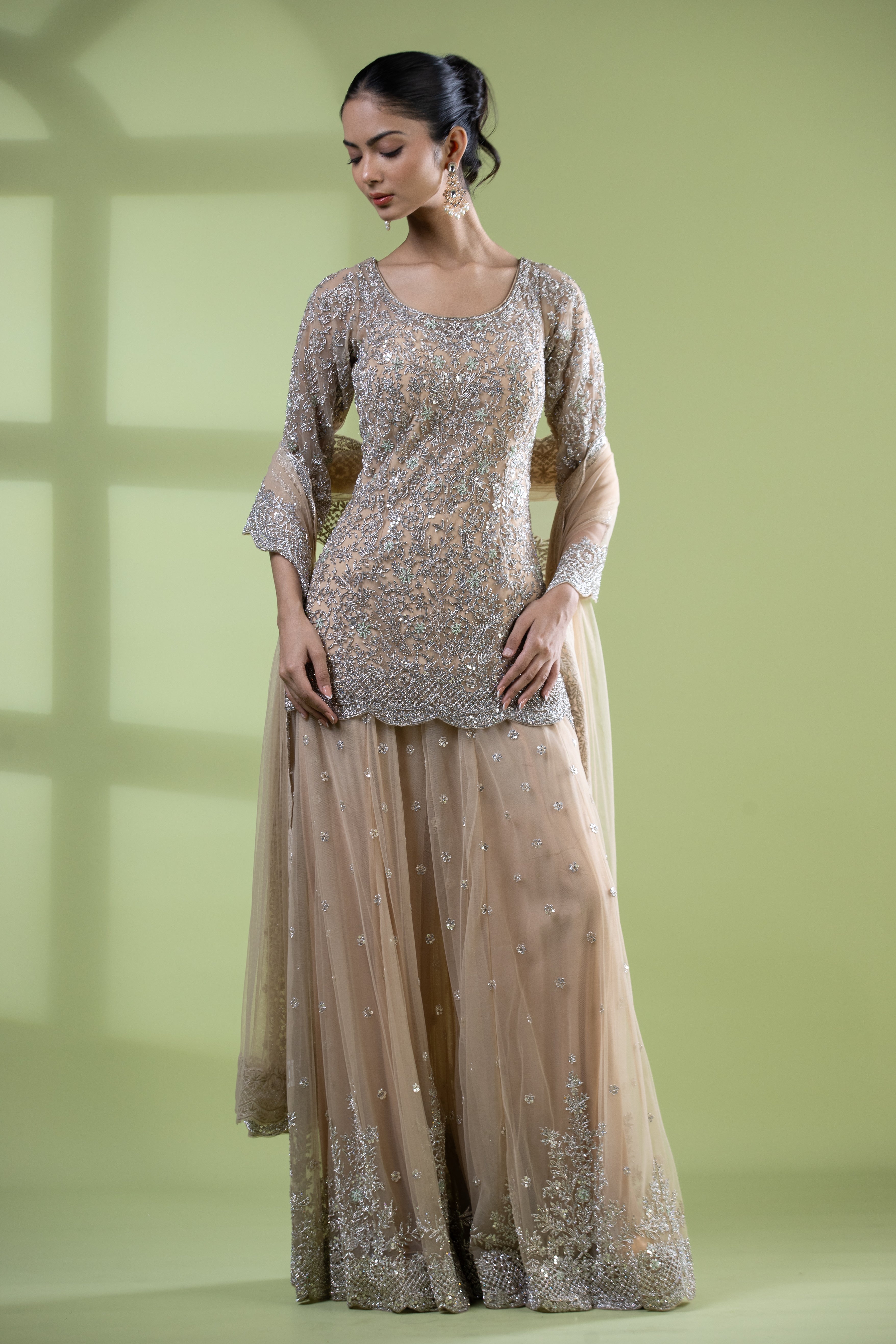 Nude Brown Sequined Short shirt with sharara