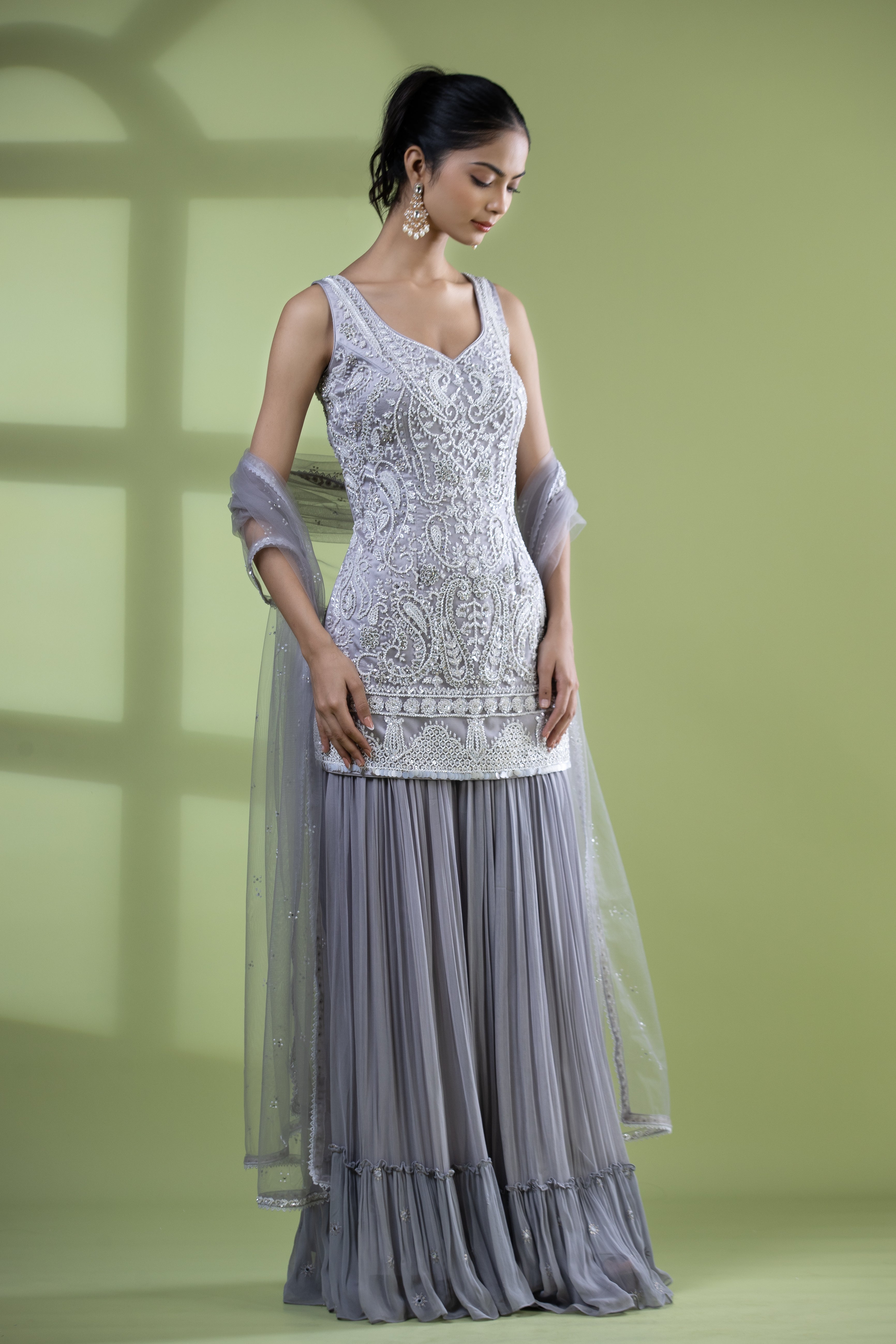 Grey Pearl Kurta with Skirt