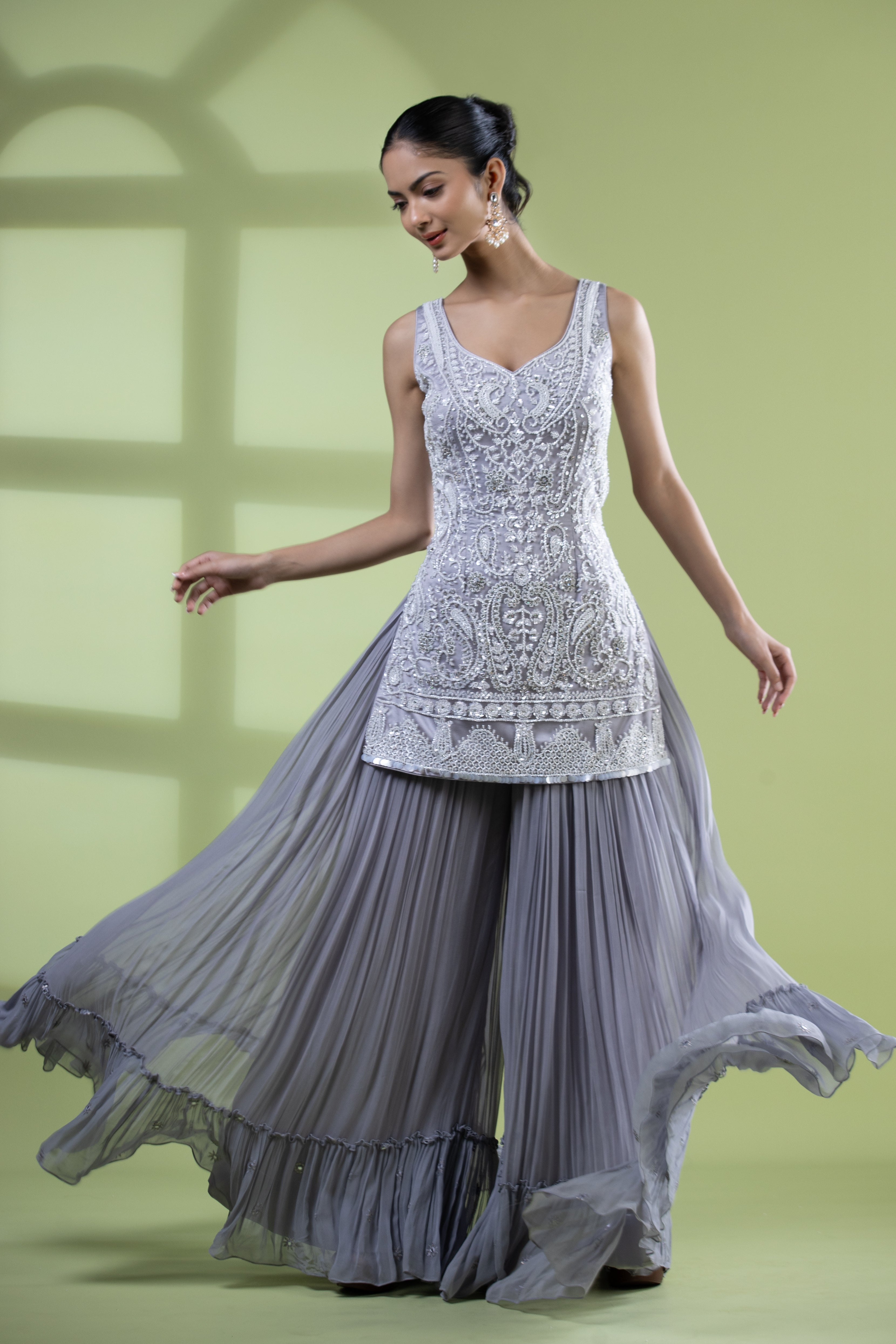 Grey Pearl Kurta with Skirt