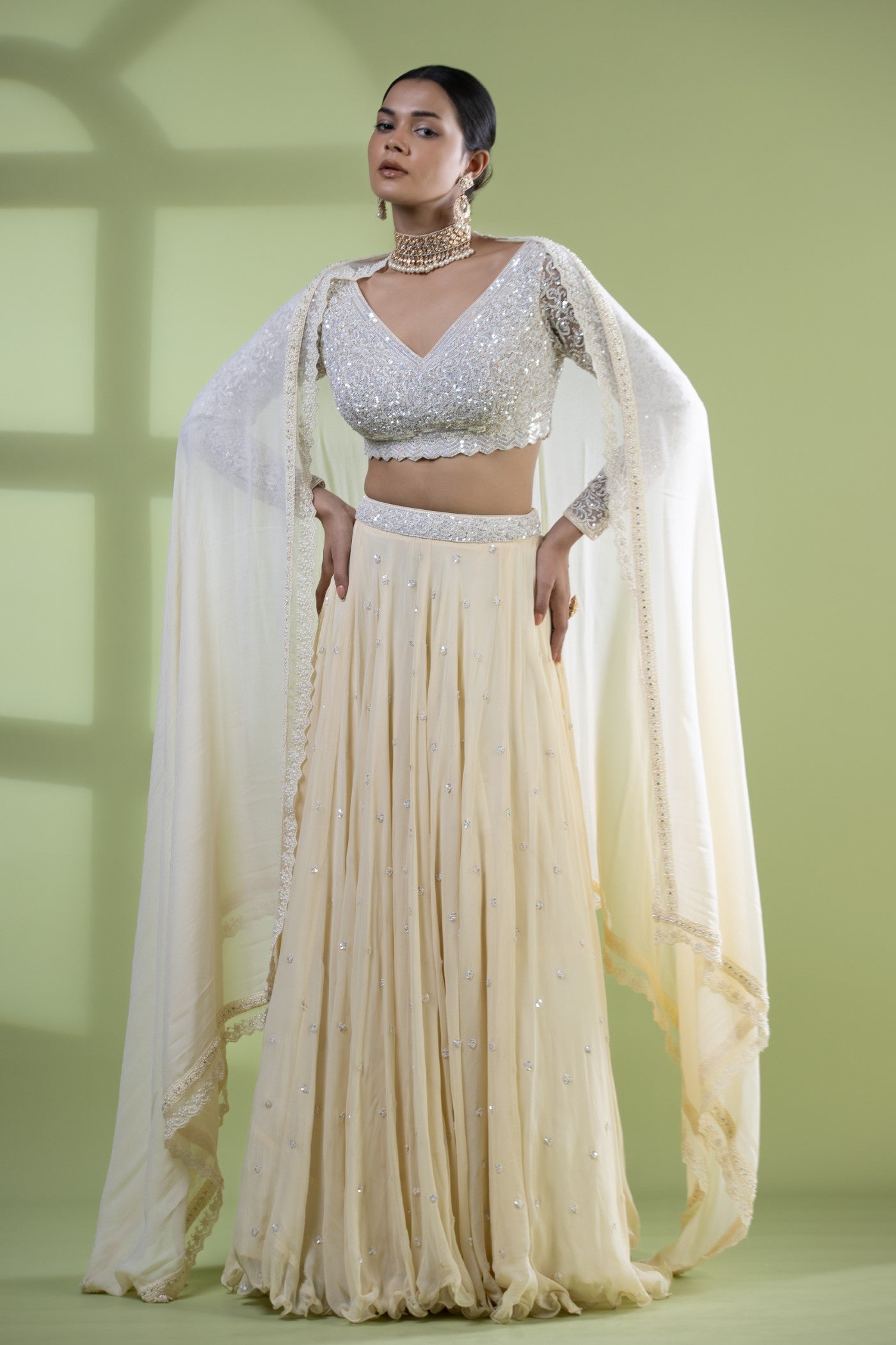 Ivory cutdana choli with skirt and dupatta