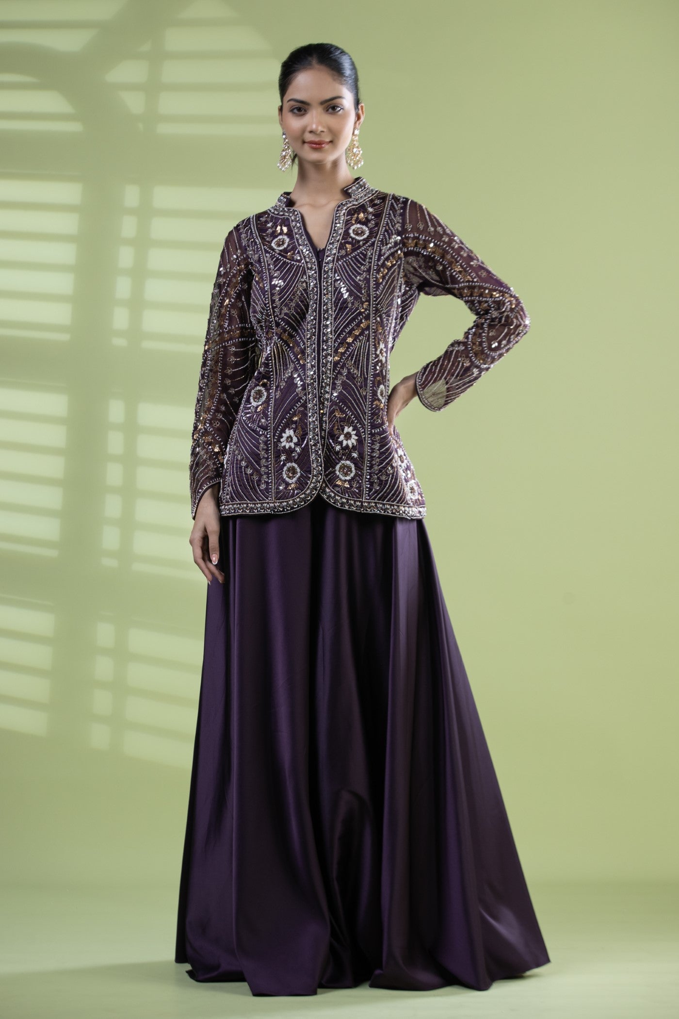 Wine satin jacket with divider skirt