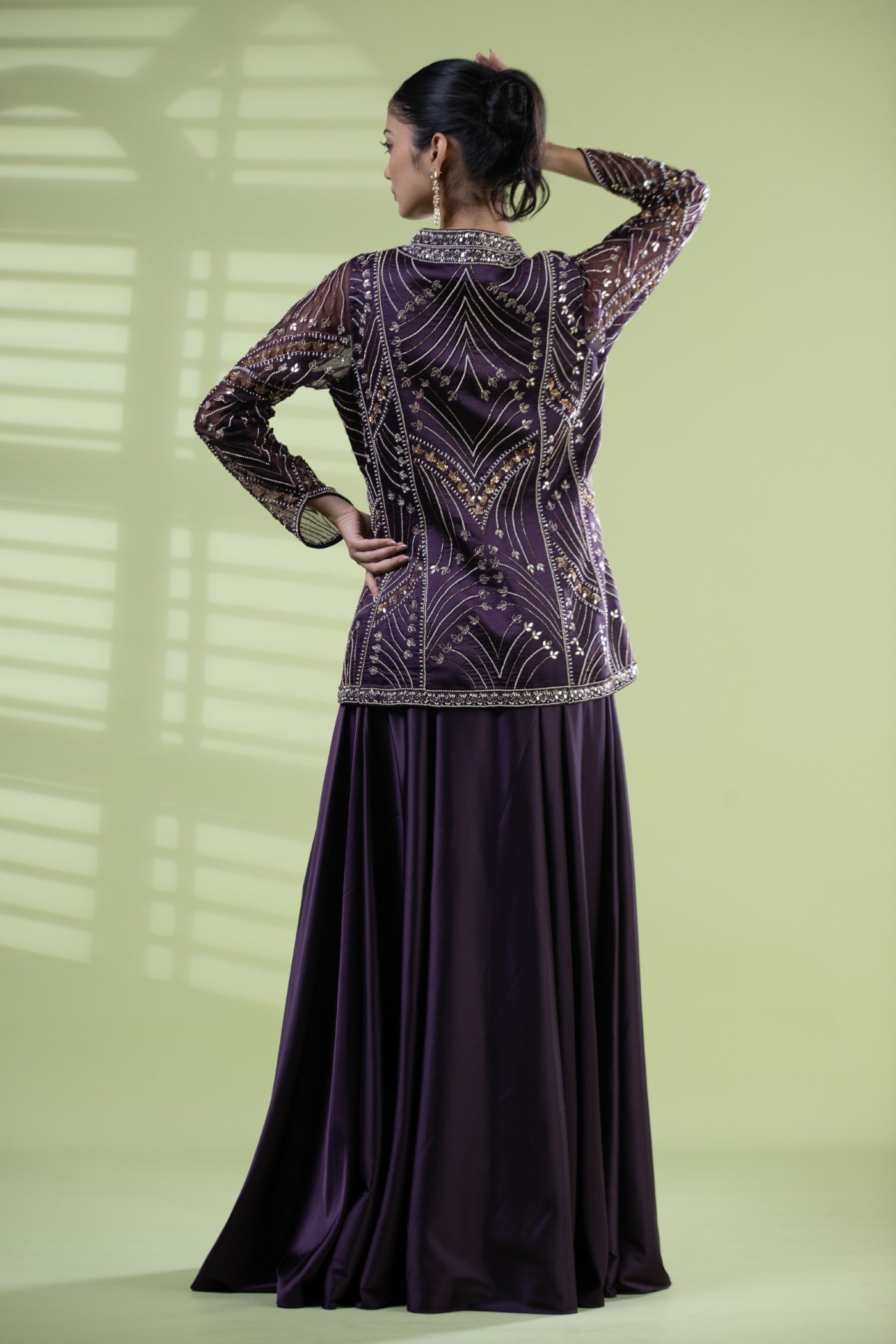 Wine satin jacket with divider skirt