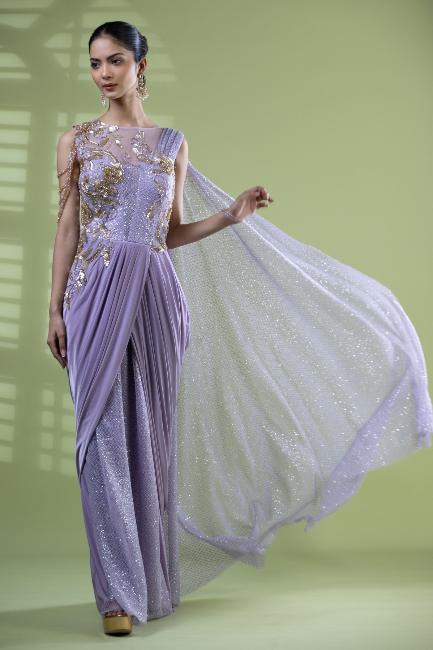 Lilac drape saree with sequins