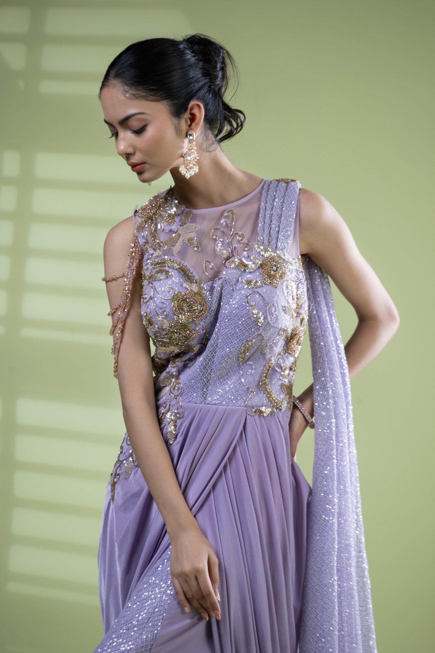 Lilac drape saree with sequins