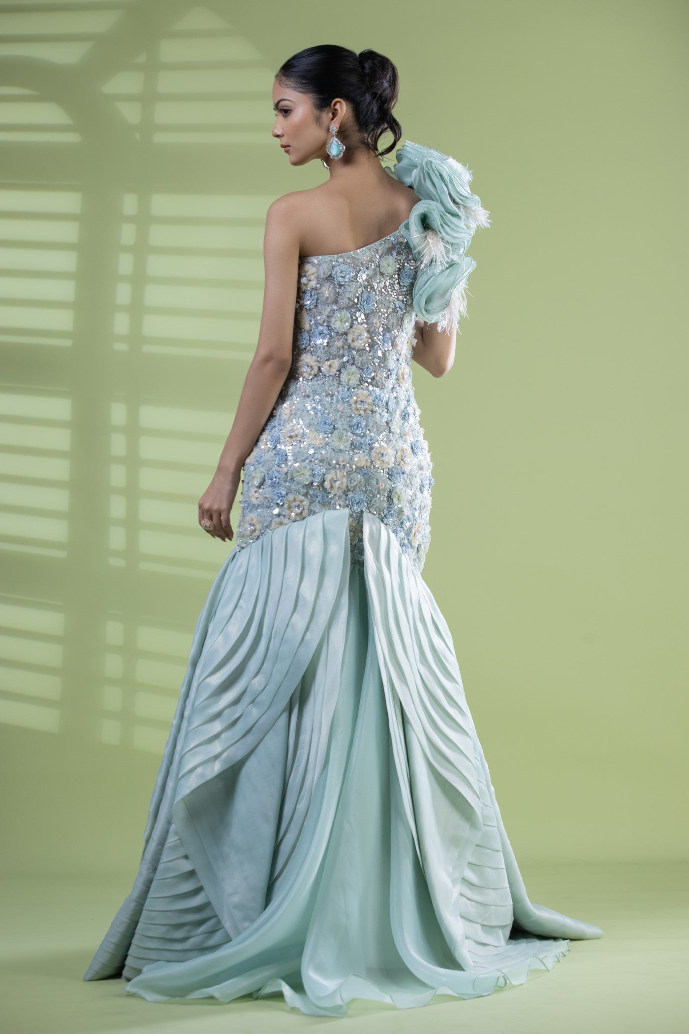 Aqua organza gown with crystal and hand made net