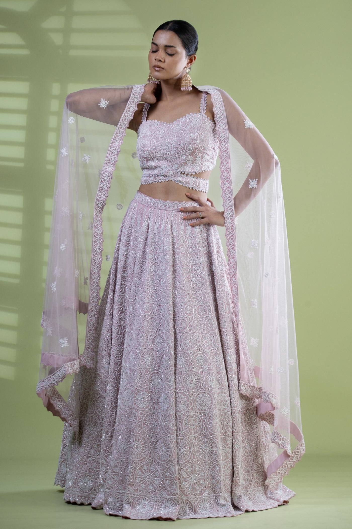 Pink armani satin crop top and lehenga