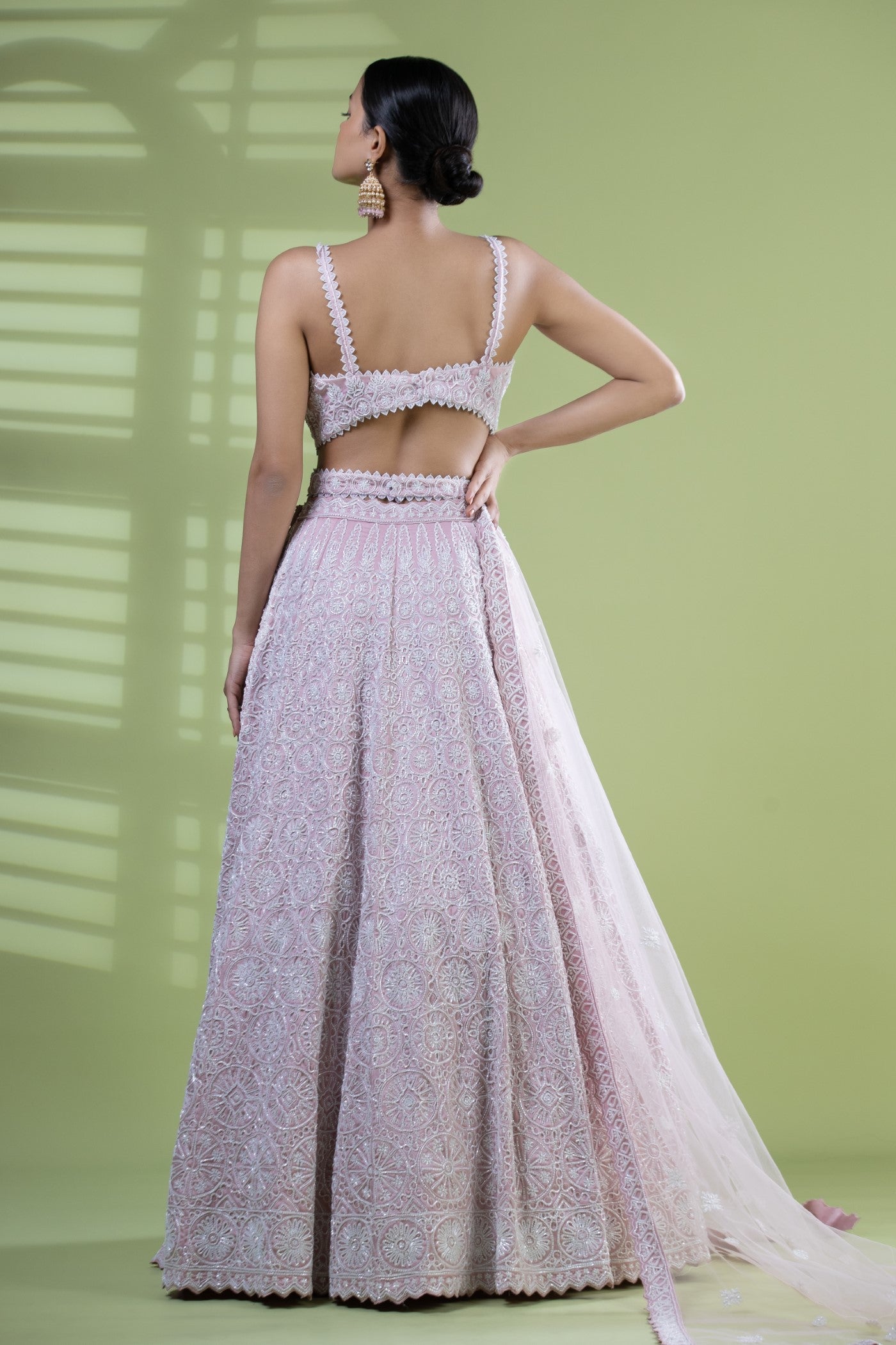 Pink armani satin crop top and lehenga