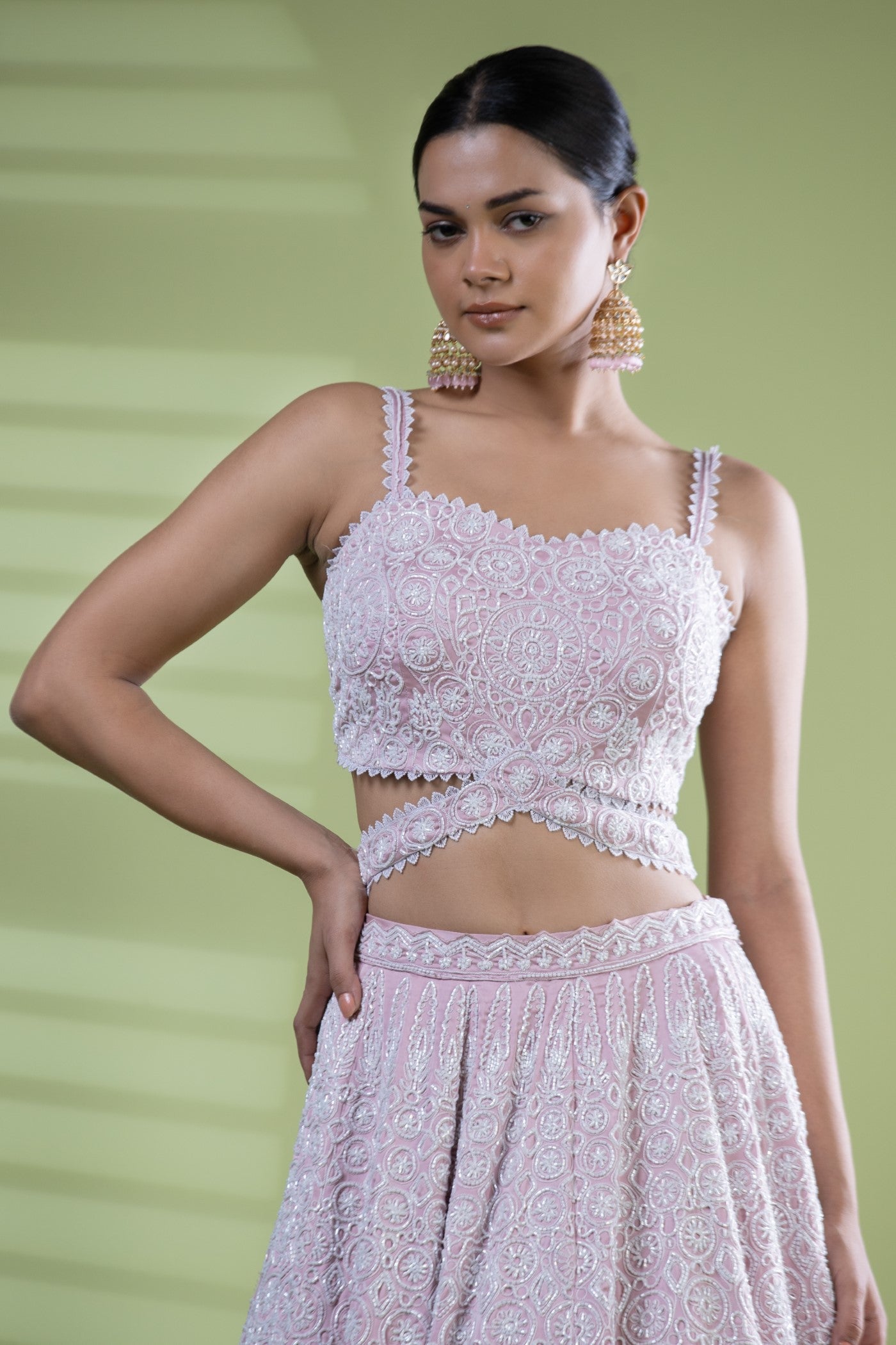 Pink armani satin crop top and lehenga
