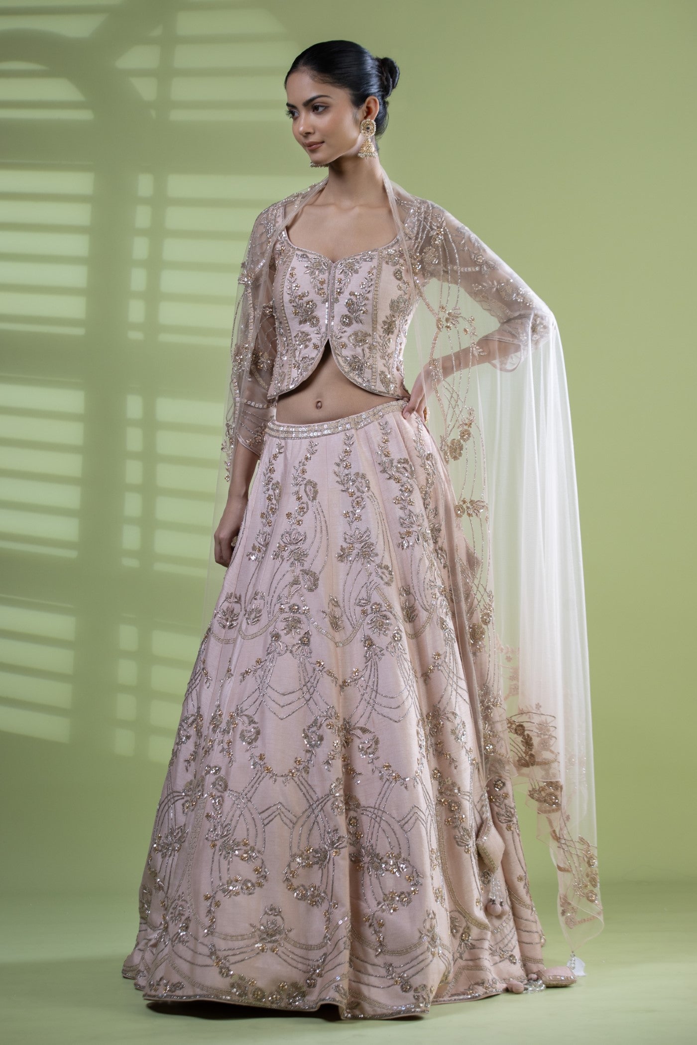 Pink raw silk long choli with dupatta