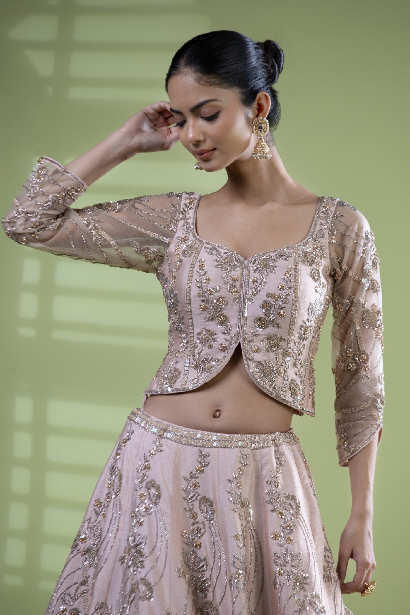 Pink raw silk long choli with dupatta