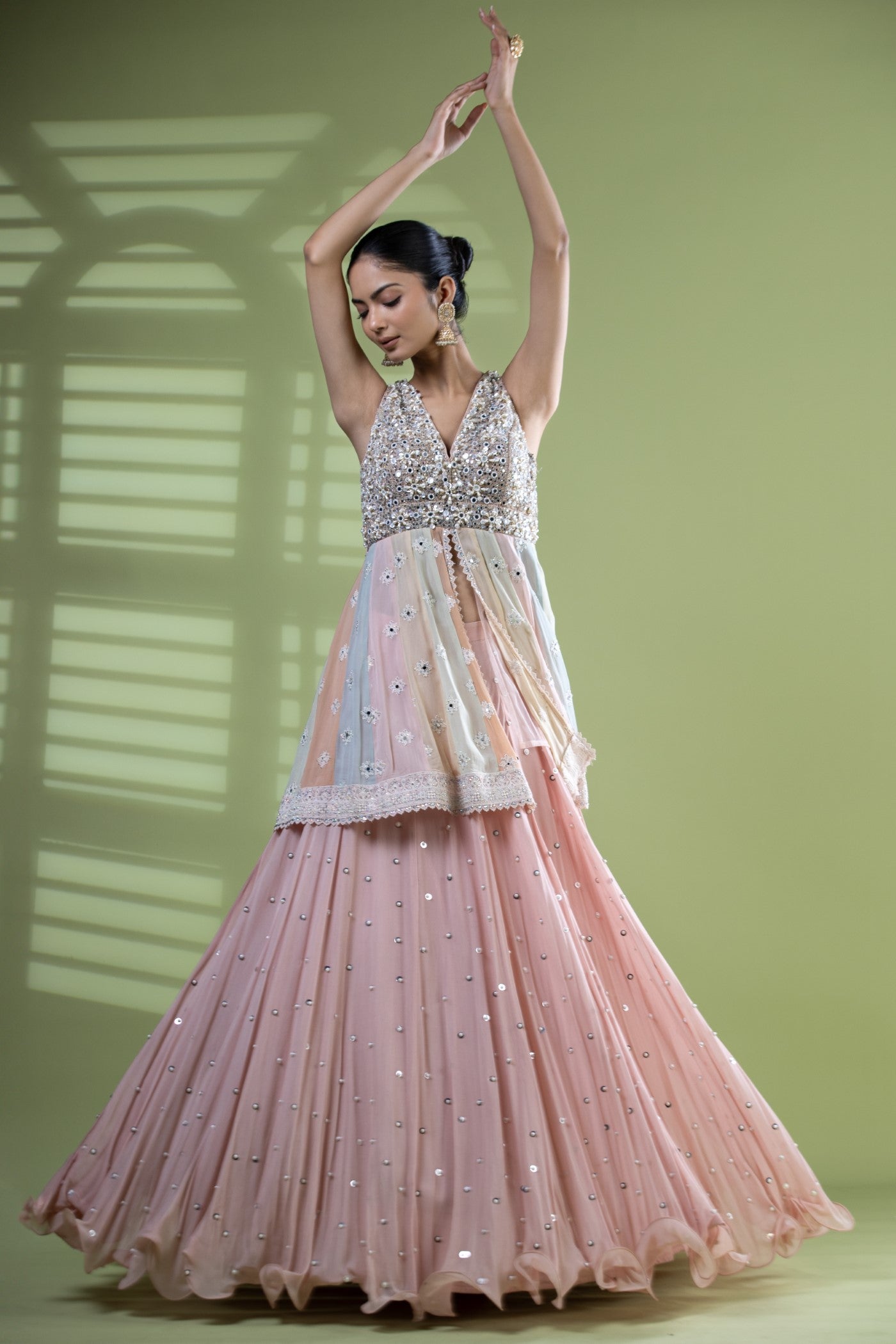 Blush pink lakhnavi short peplum and lehenga