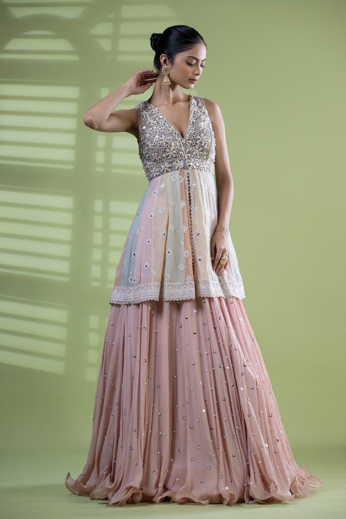 Blush pink lakhnavi short peplum and lehenga