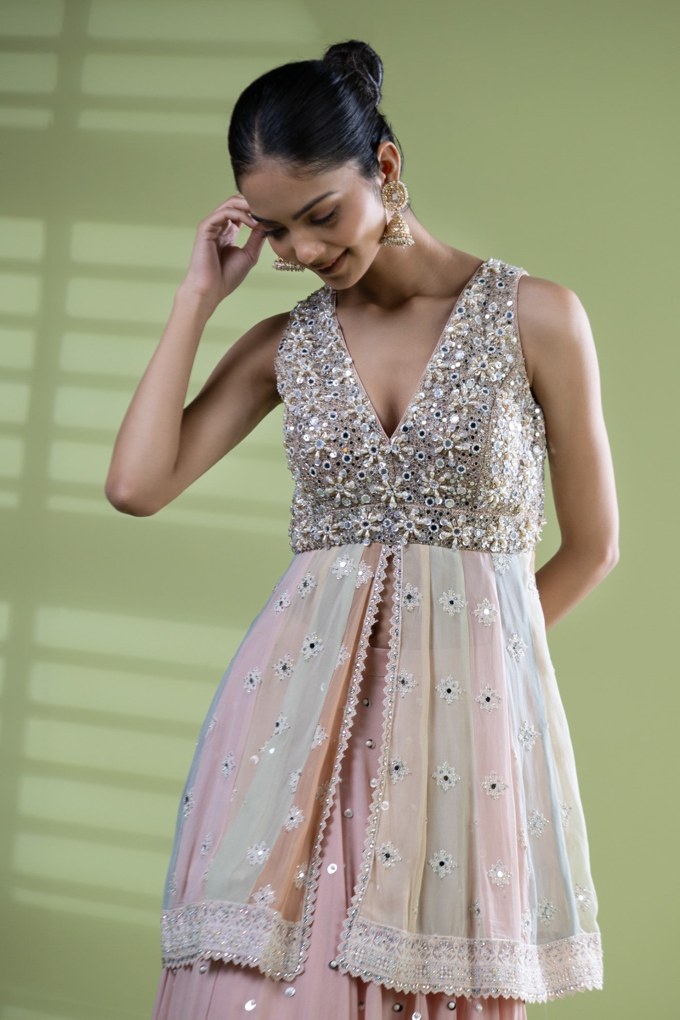 Blush pink lakhnavi short peplum and lehenga