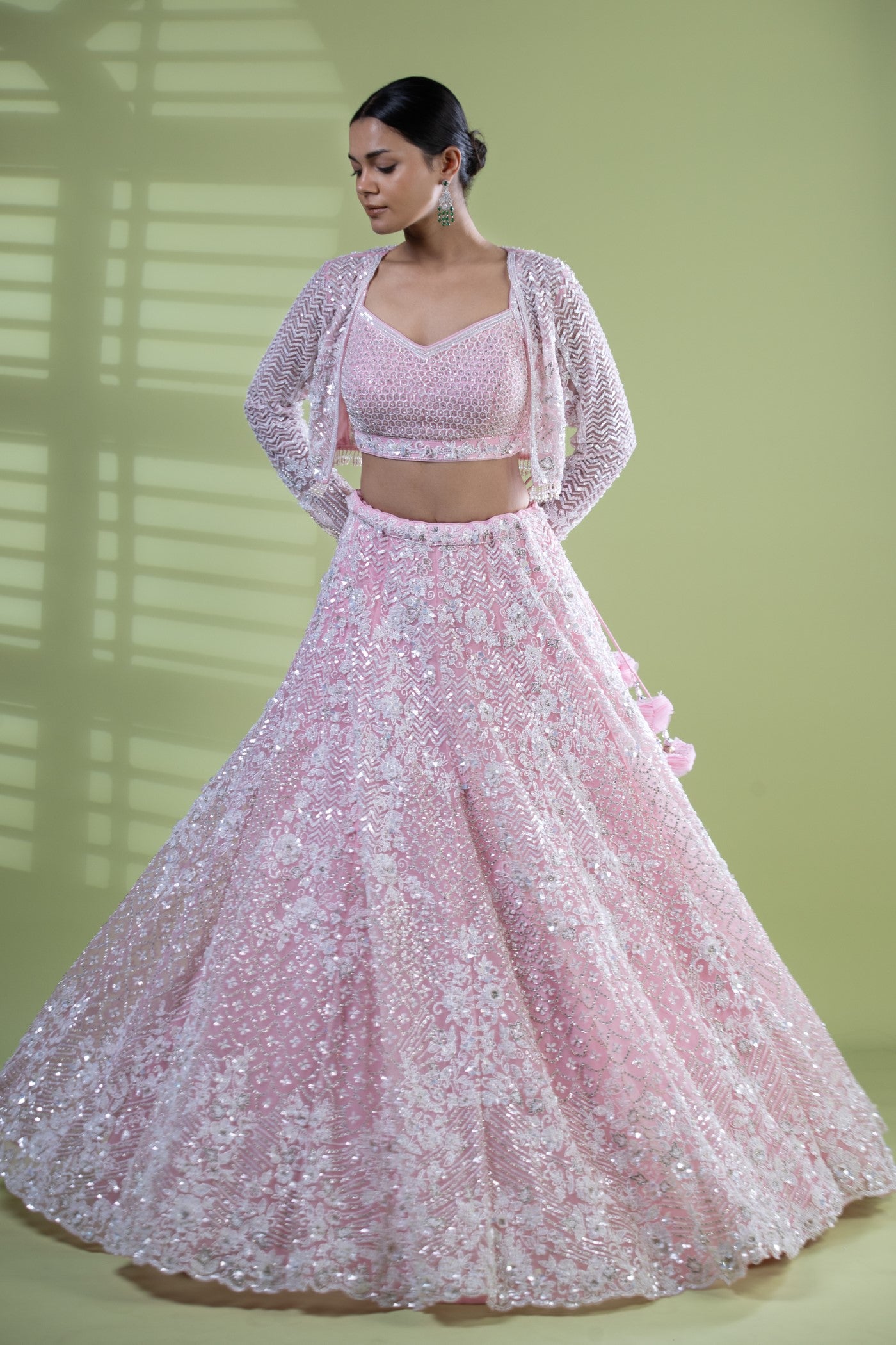 Pink short choli with lehenga and jacket
