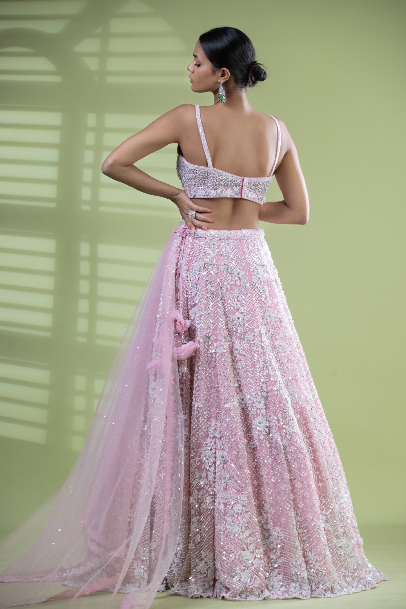 Pink short choli with lehenga and jacket