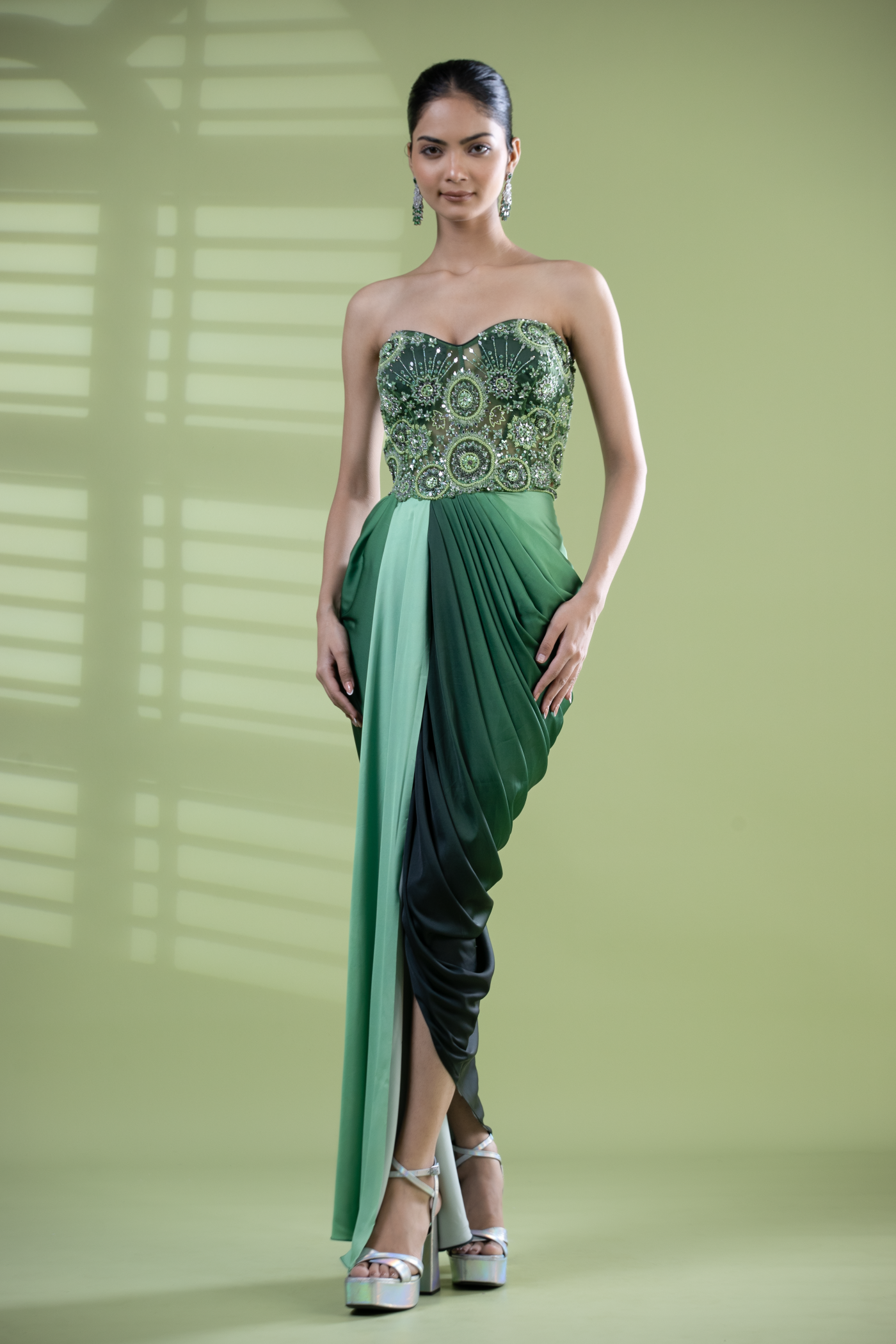 Sequined green armani satin dress