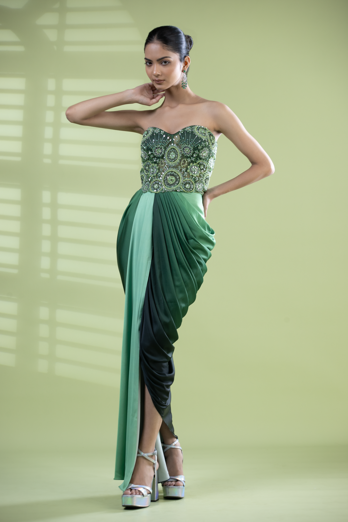 Sequined green armani satin dress