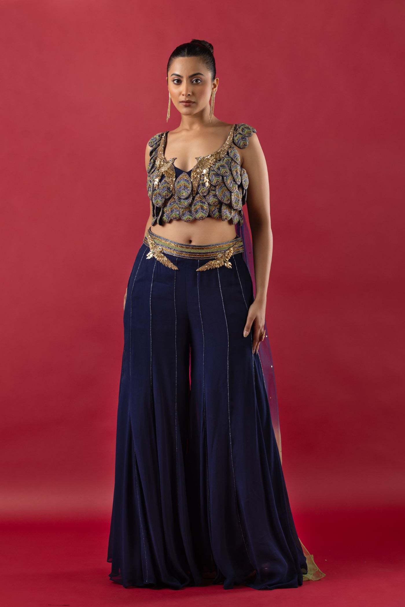 Blue Georgette Crop Top With Sharara