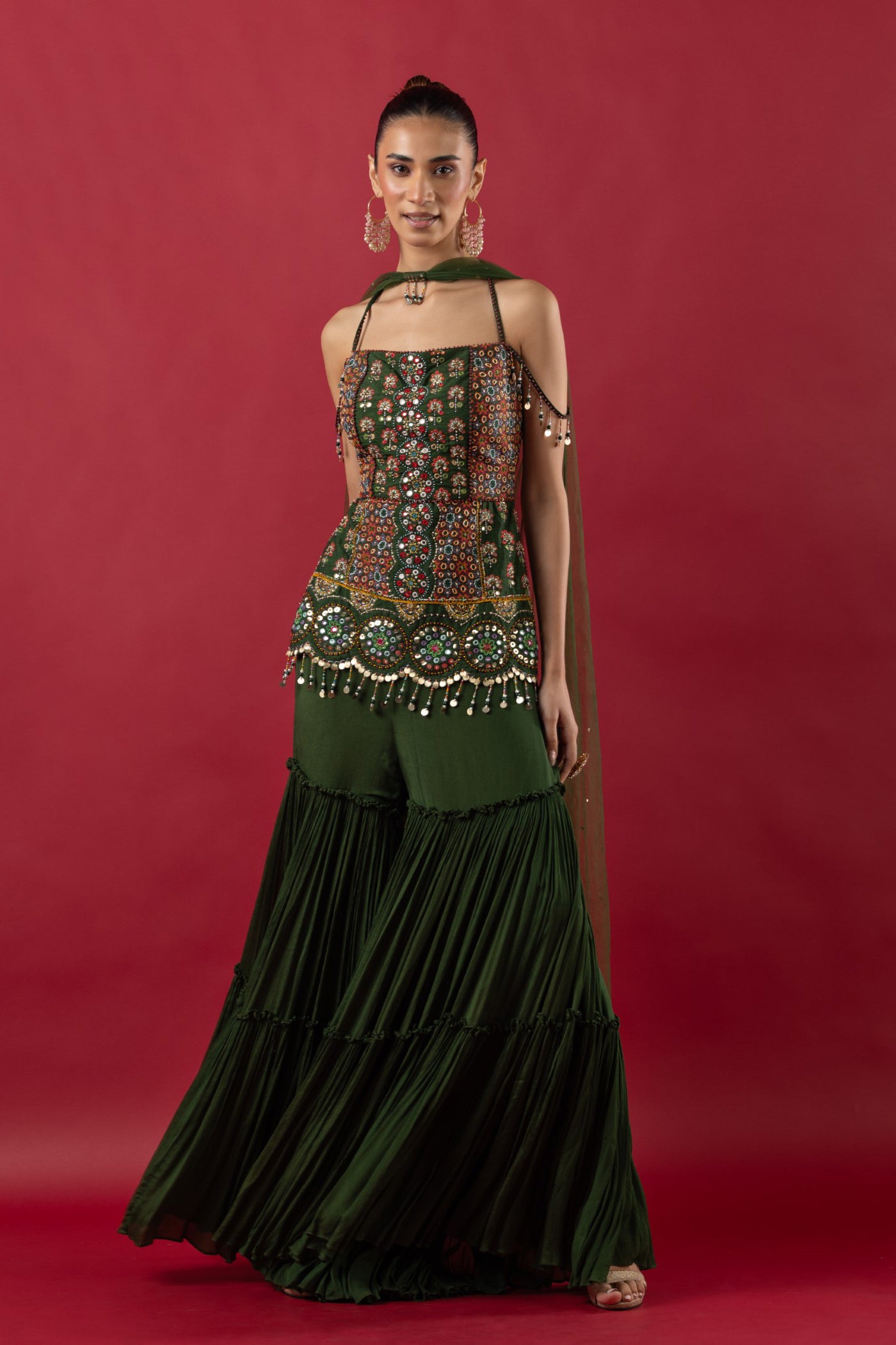 Bottle Green Georgette Short Shirt With Gharara And dupatta