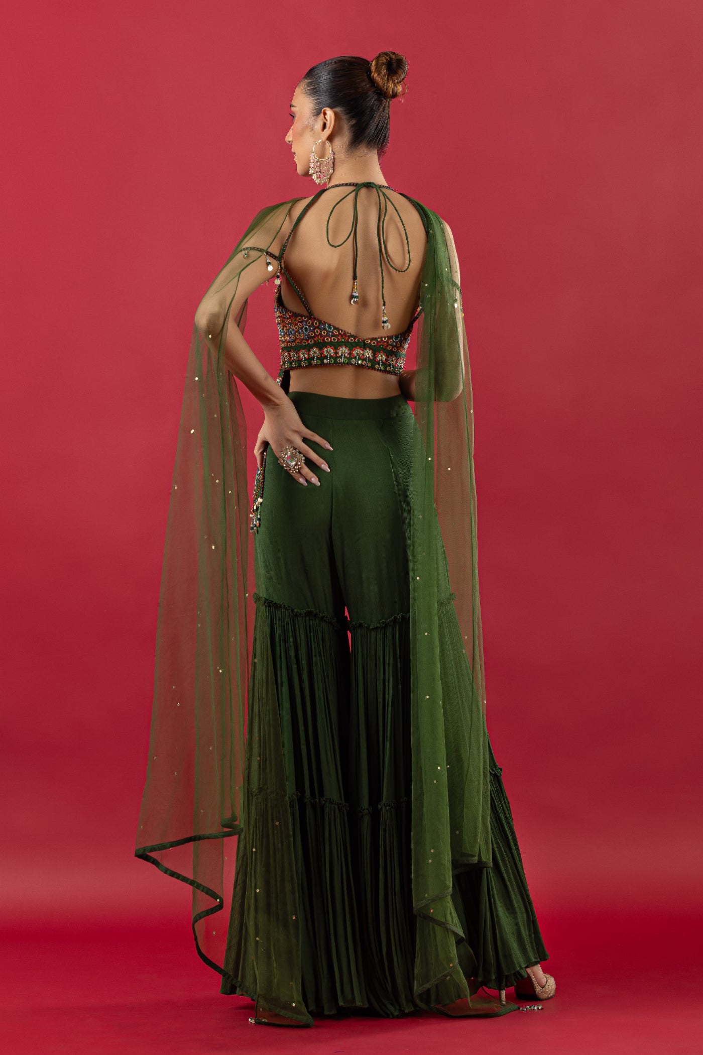 Bottle Green Georgette Short Shirt With Gharara And dupatta