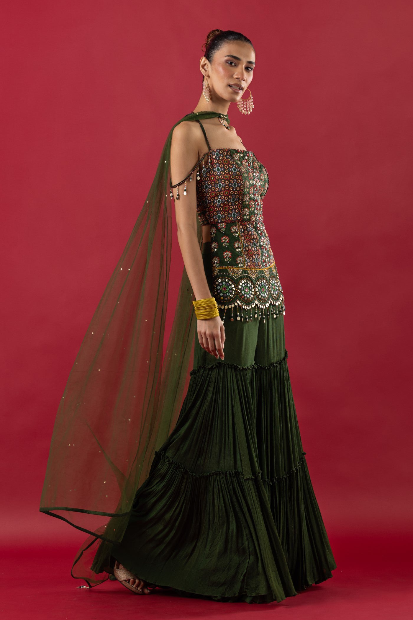 Bottle Green Georgette Short Shirt With Gharara And dupatta