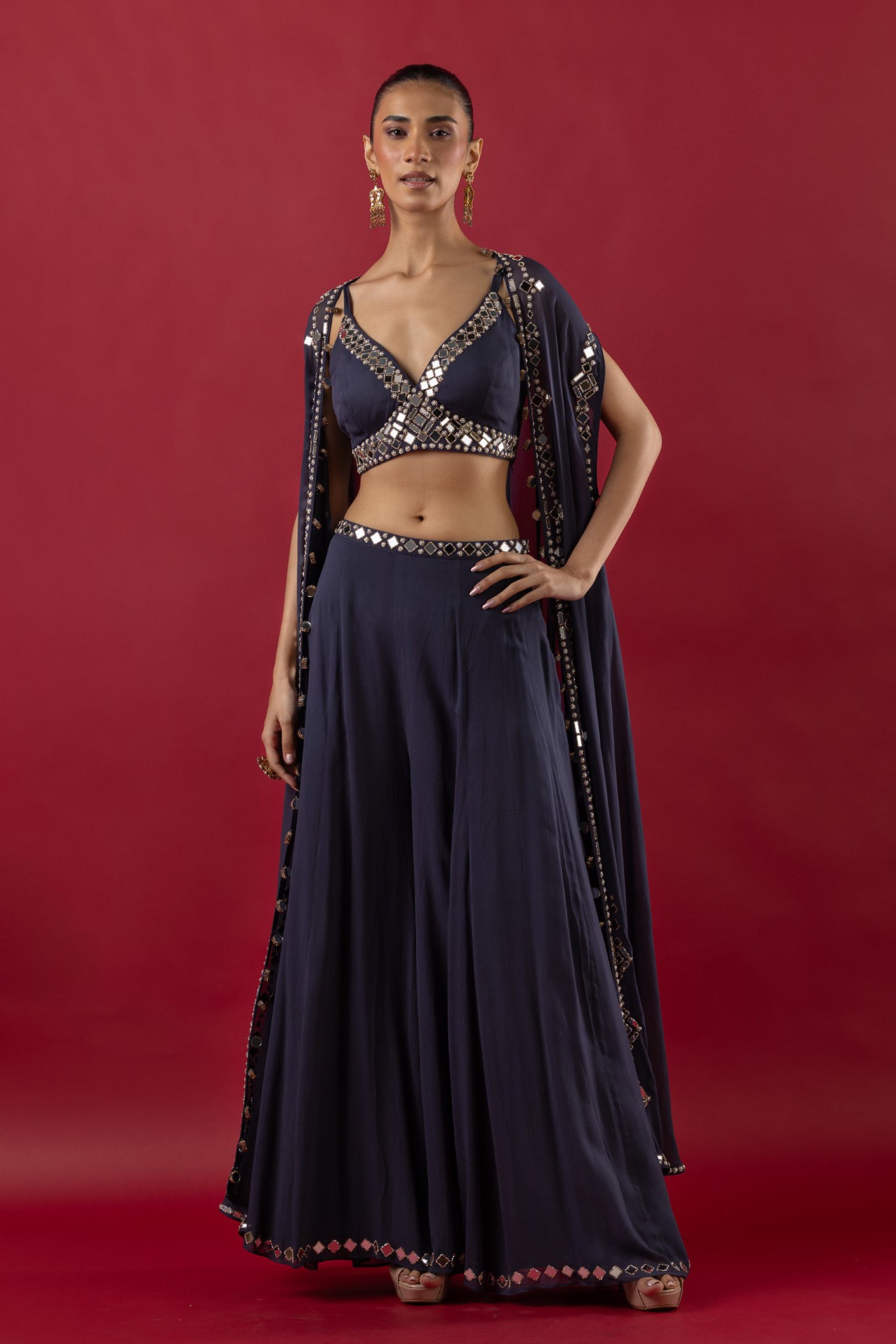Steel Grey Georgette Mirror Work Crop Top And Sharara