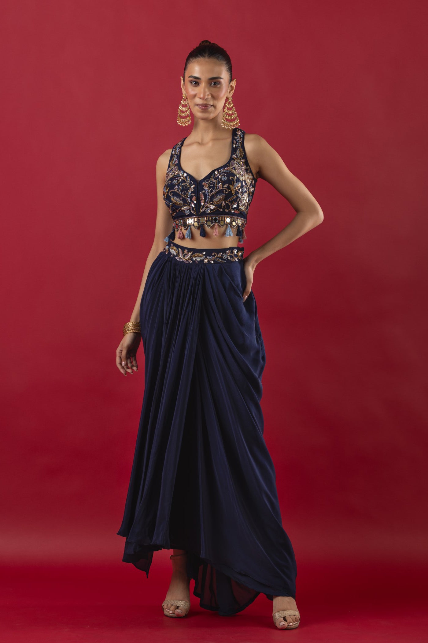 Blue Crop Top With Dhoti And Cape