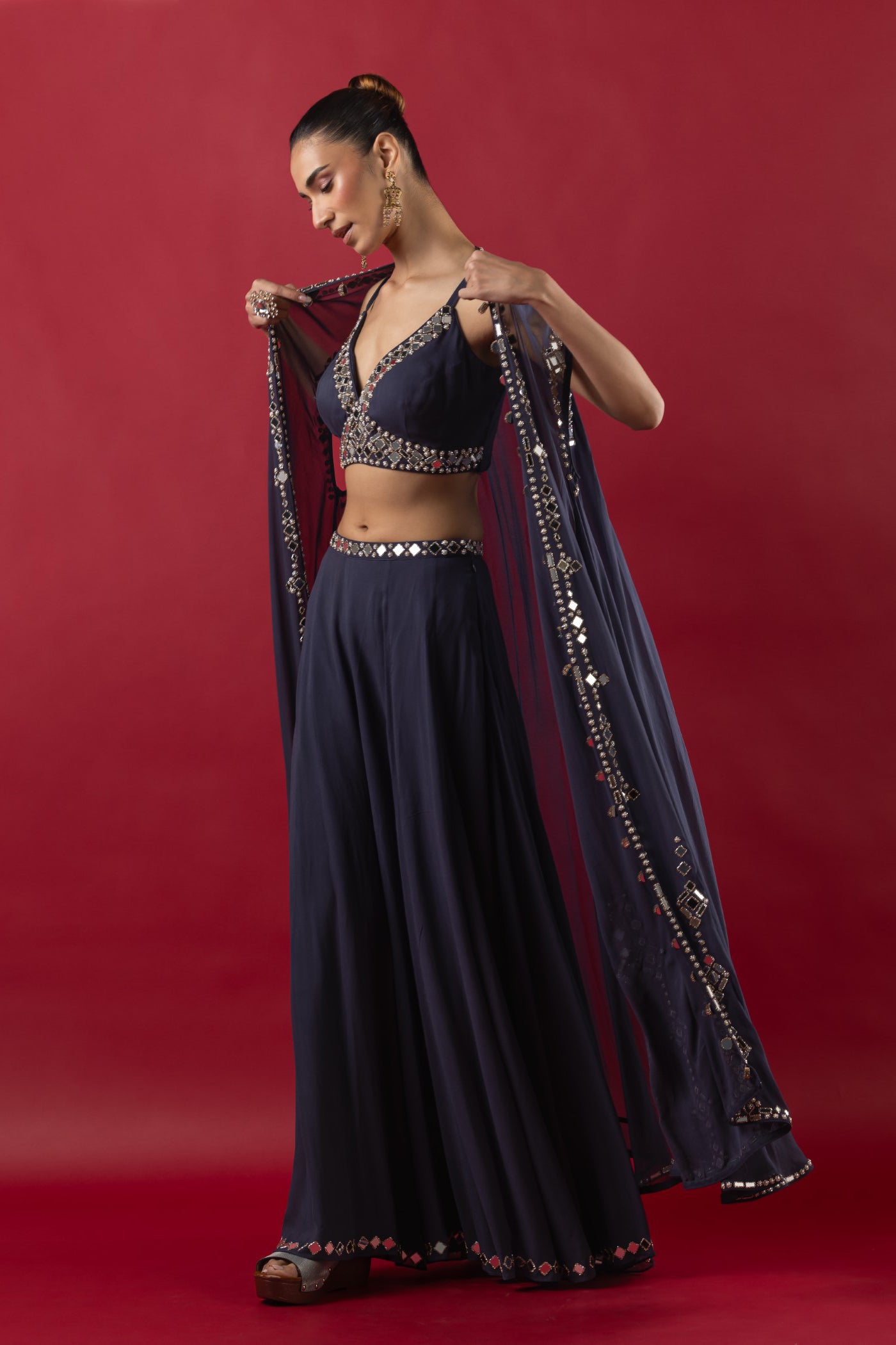Steel Grey Georgette Mirror Work Crop Top And Sharara