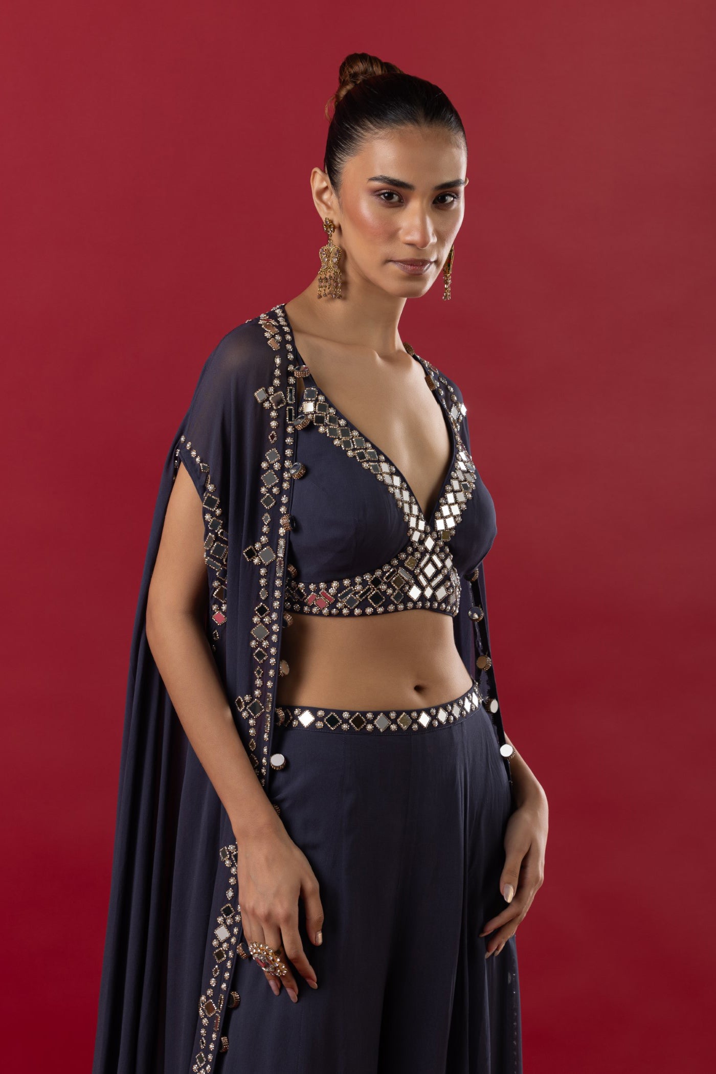 Steel Grey Georgette Mirror Work Crop Top And Sharara