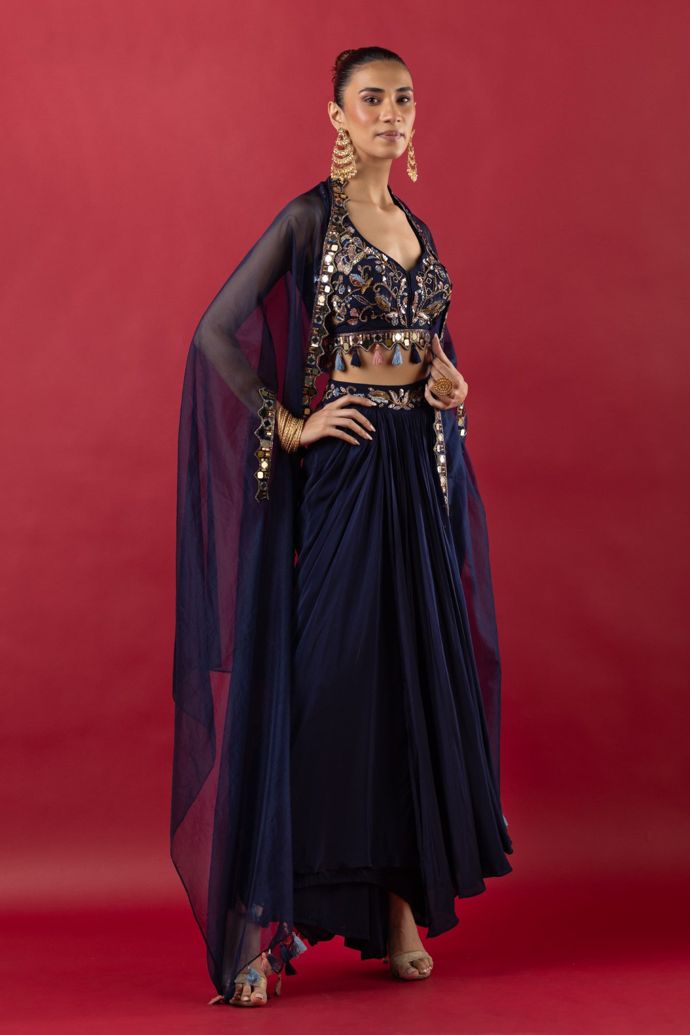 Blue Crop Top With Dhoti And Cape
