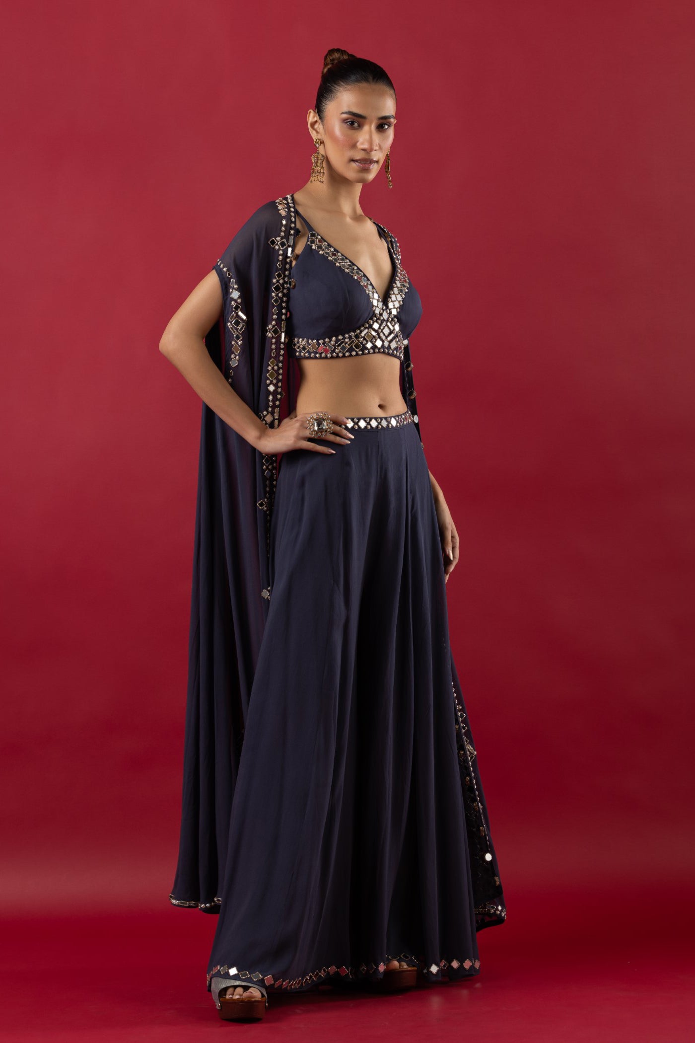 Steel Grey Georgette Mirror Work Crop Top And Sharara