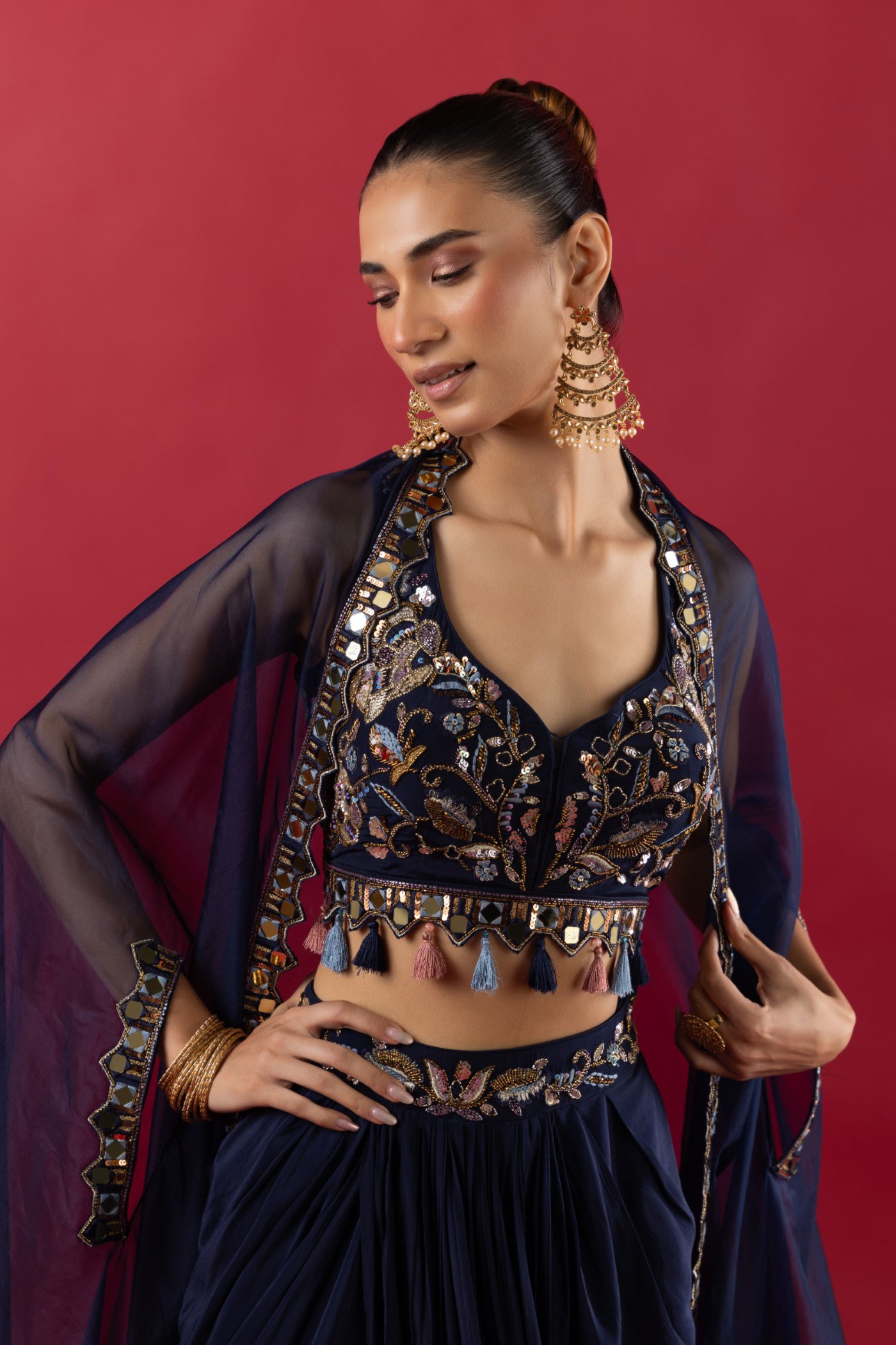 Blue Crop Top With Dhoti And Cape