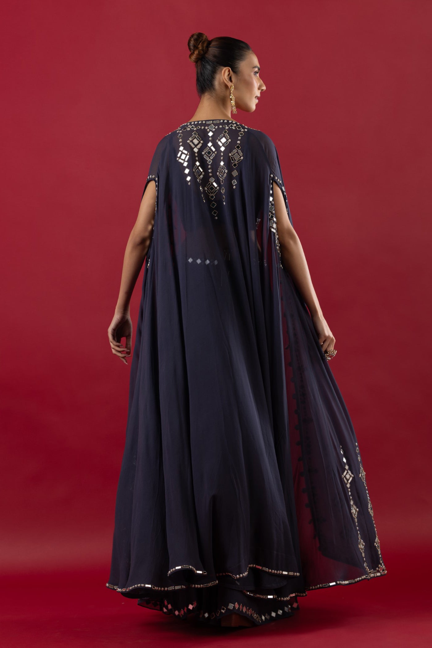 Steel Grey Georgette Mirror Work Crop Top And Sharara