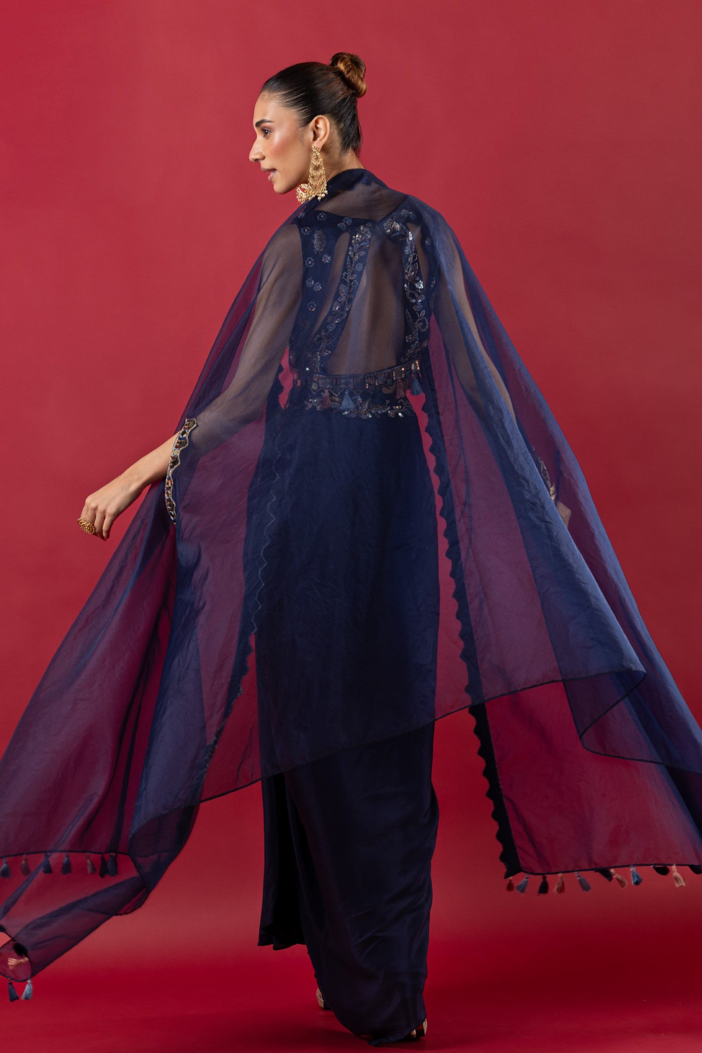 Blue Crop Top With Dhoti And Cape