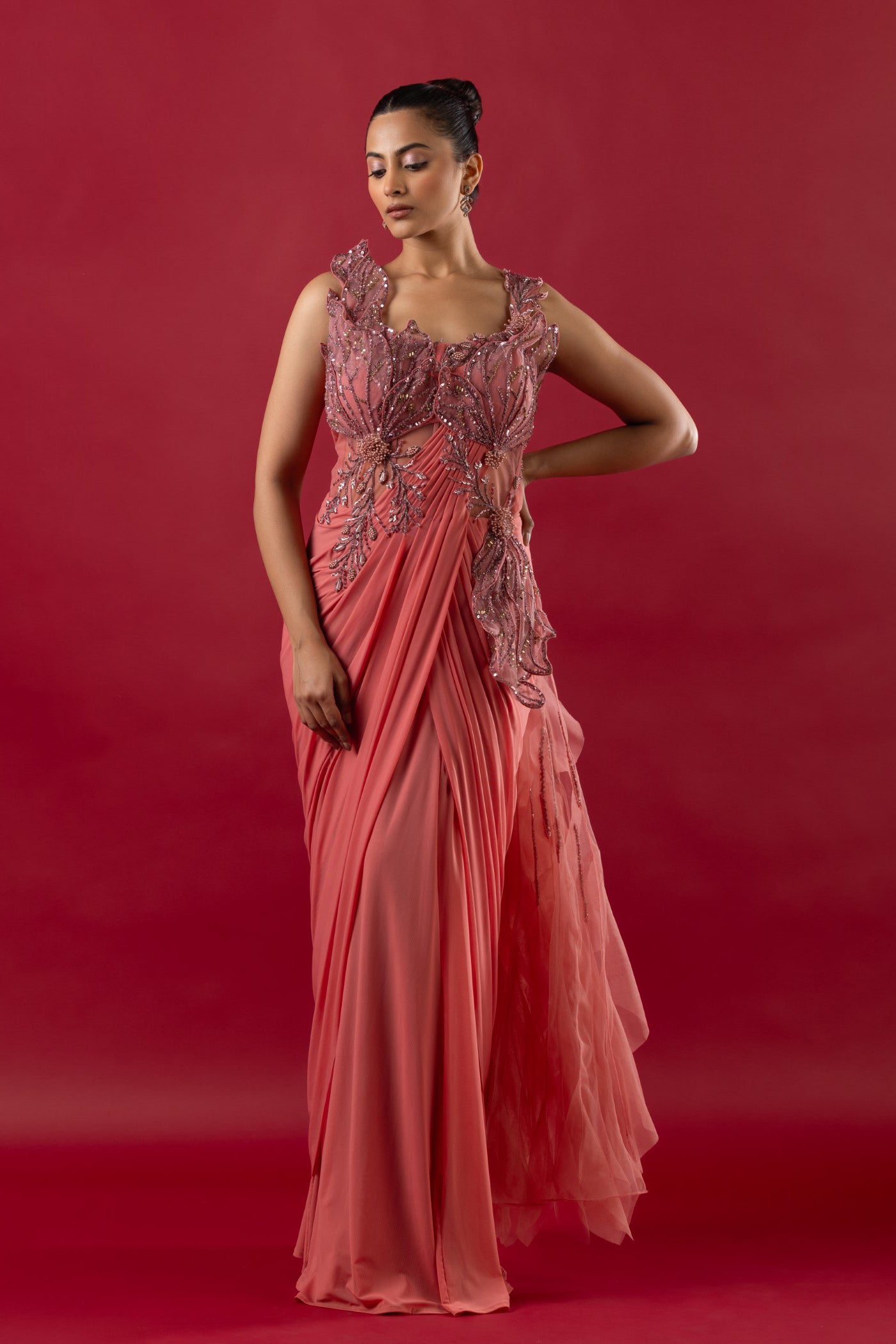 Blush Red Drape Saree With Sequins and Swarovski