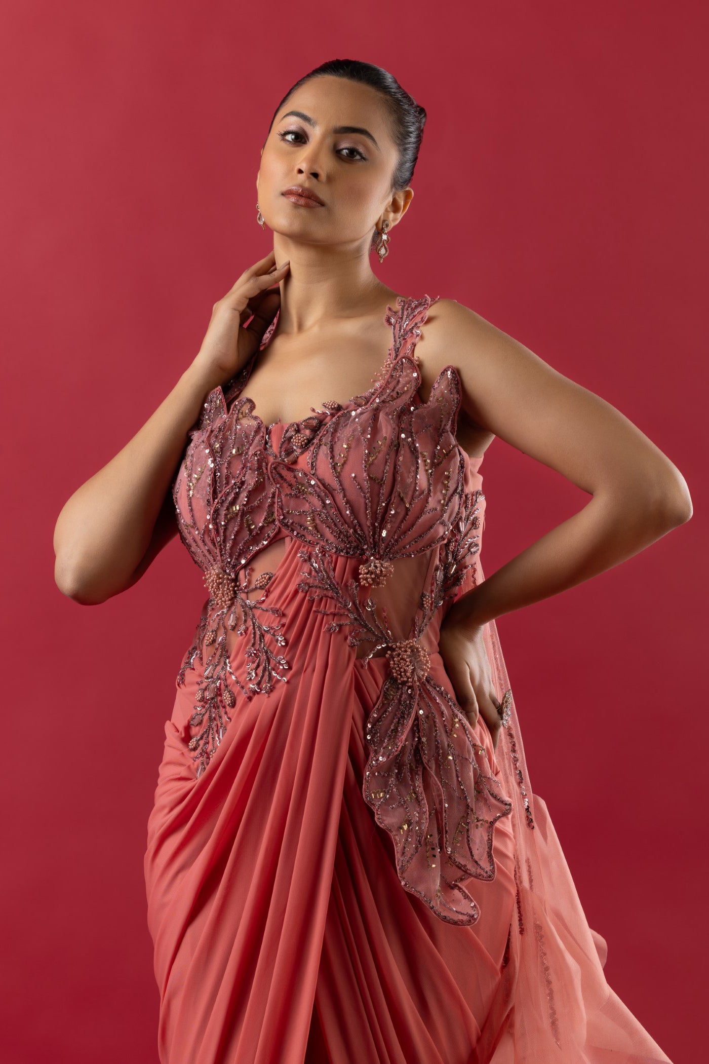 Blush Red Drape Saree With Sequins and Swarovski