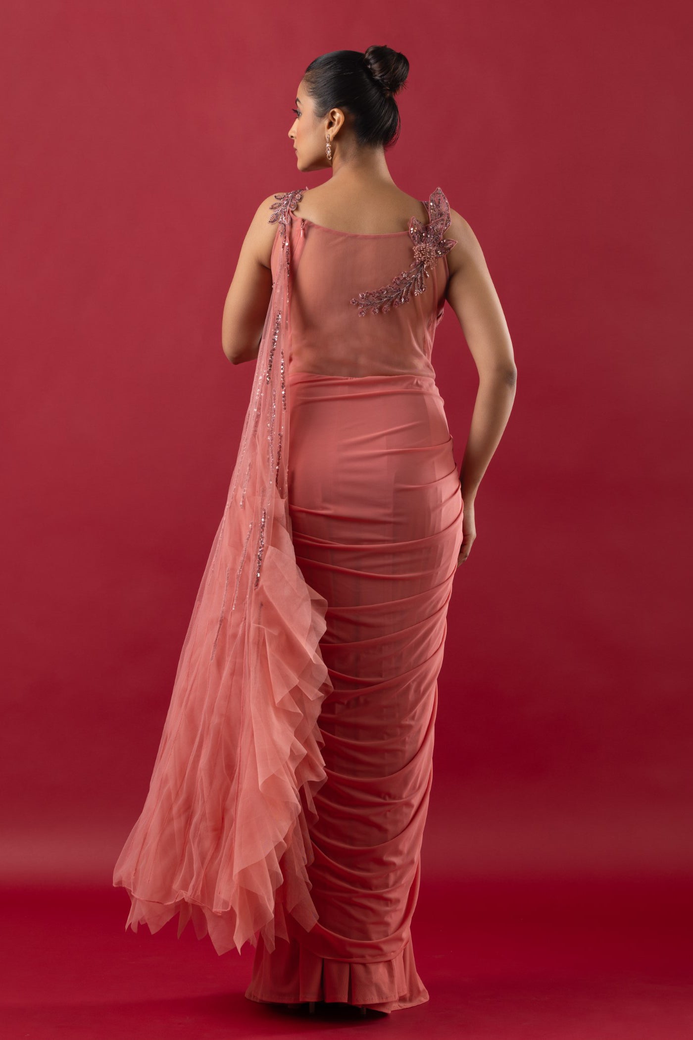 Blush Red Drape Saree With Sequins and Swarovski