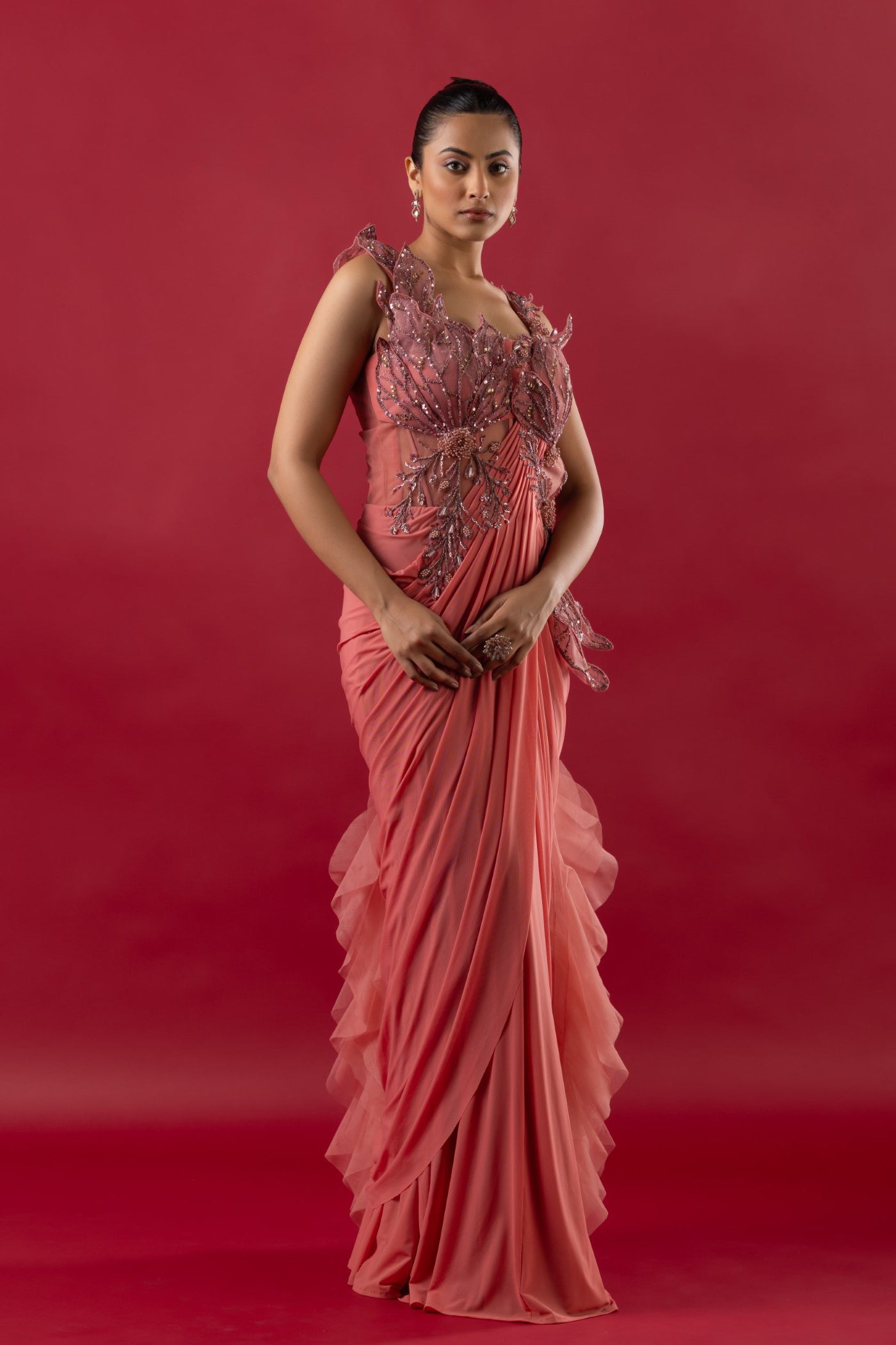 Blush Red Drape Saree With Sequins and Swarovski